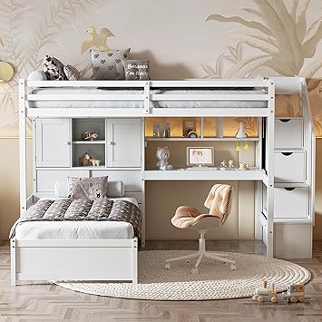 SOFTSEA Twin Over Twin Bunk Beds with Stairs & Desk, Solid Wood Loft Bunk Bed with Storage Stairs Shelves and Drawers, Twin Stairway Bunk Bed Frame with Bookcase for Kids Teens Adults, White
