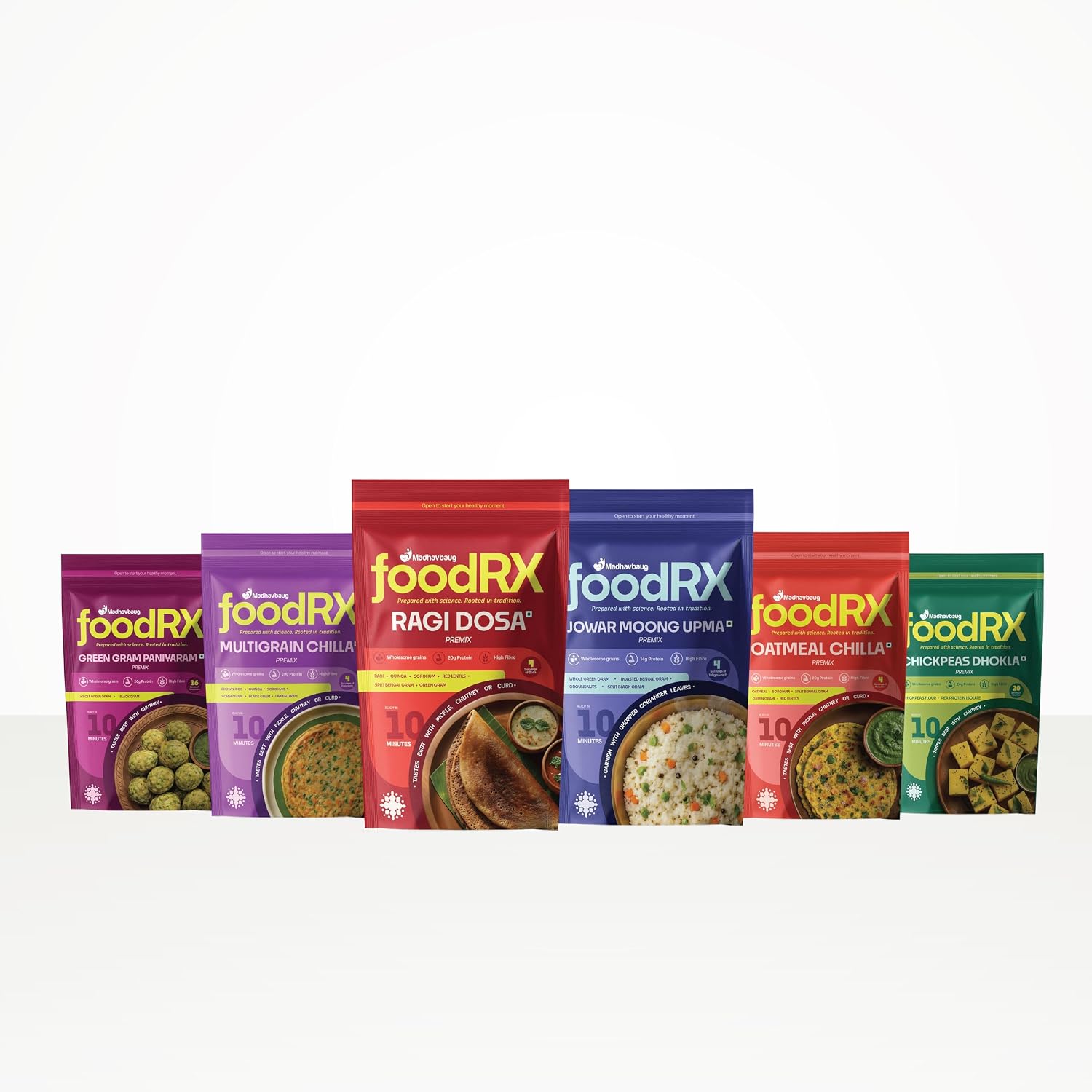 FOODRX Supergrain Combo Pack – High Protein & High Fibre Jowar Moong Upma, Chickpea Dhokla, Oats Chilla, Ragi Dosa, Green Gram Paniyaram & Multigrain Chilla Mix, Healthy Breakfast Variety
