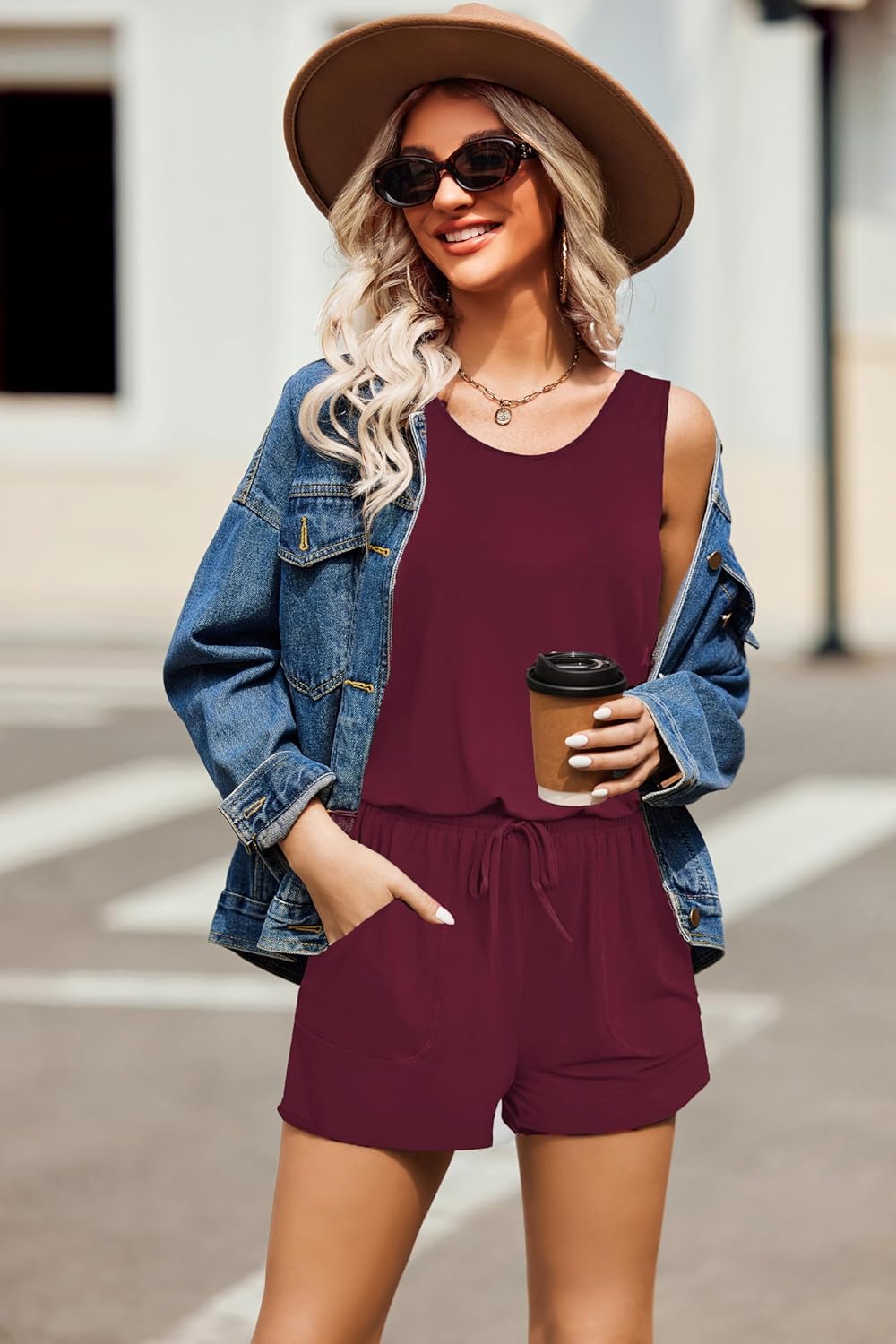 ADOME Rompers for Women Summer Sleeveless Scoop Neck Tank Top Casual Short Jumpsuit Rompers with Pockets - Image 5