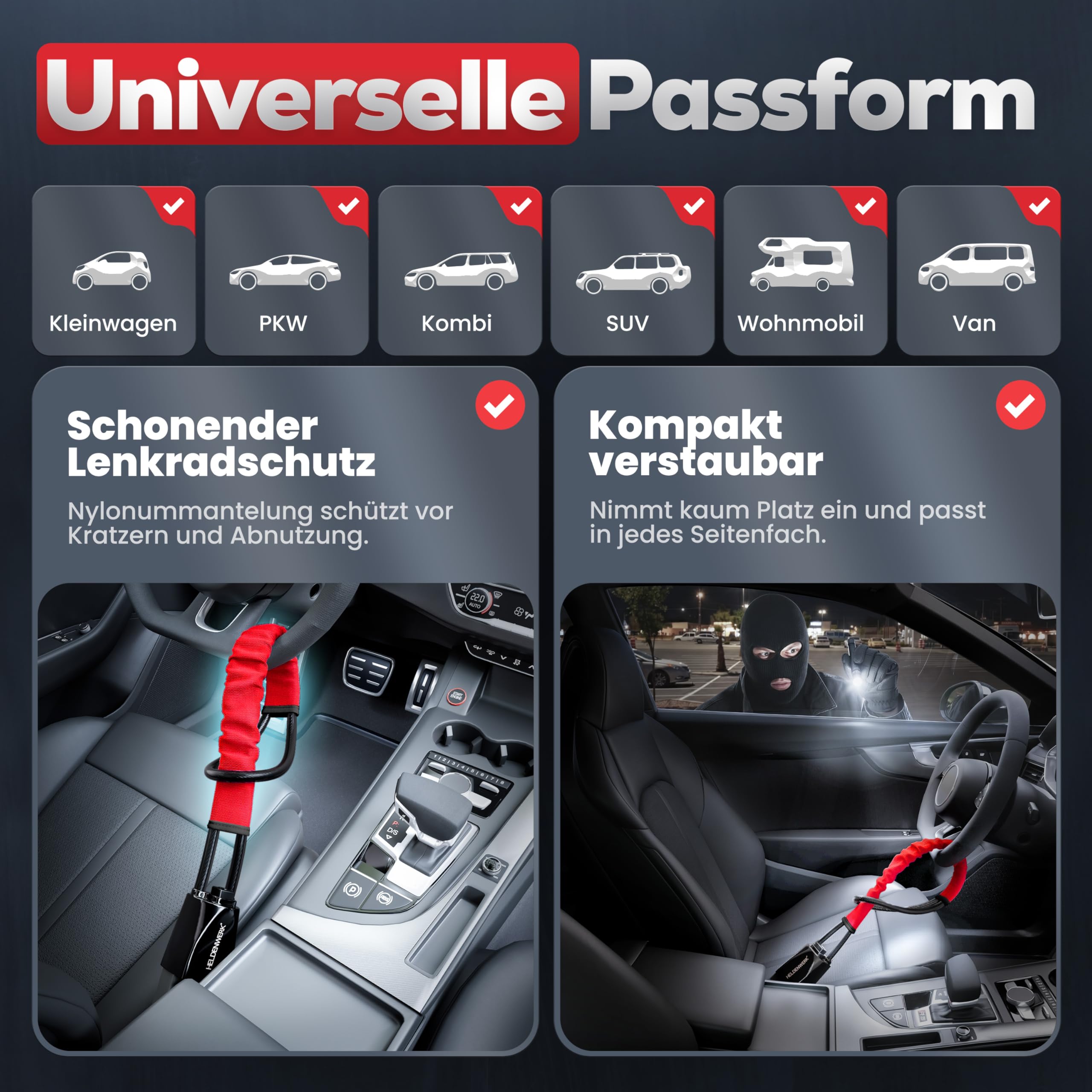 HELDENWERK® Artiglio volante per auto e camper in metallo – Misura universale – Blocco volante con corda d'acciaio spessa – Immobilizzatore antifurto con 3 chiavi di sicurezza (rosso)
