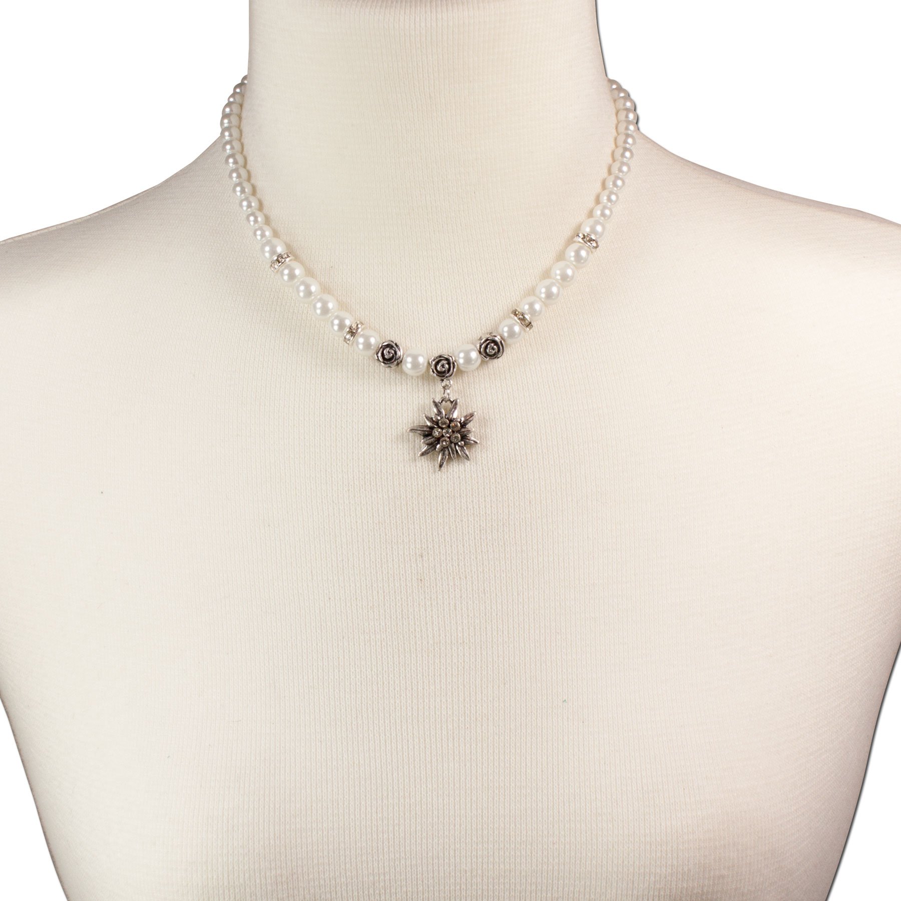 Alpenflüstern Trachtenschmuck-Set Perlen-Trachtenkette und Trachten-Ohrhänger Strass-Edelweiß - Damen-Trachten-Schmuck, Trachtenset Dirndl-Kette und Trachten-Ohrringe in traditionellen Farben SET005