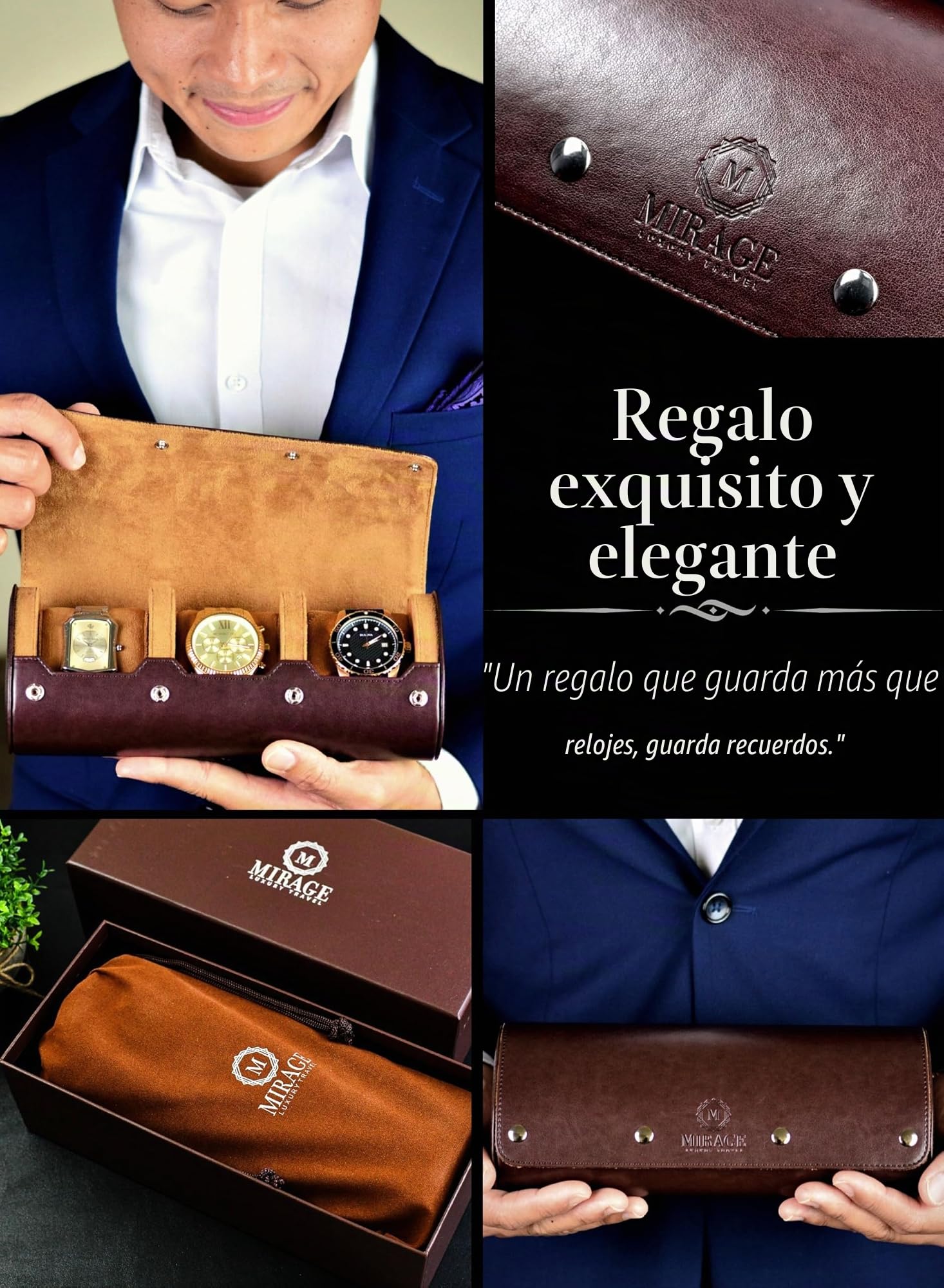 Estuche de viaje para relojes de hombre, enrollable, organizador y expositor, piel vegana marrón (Swiss Espresso).