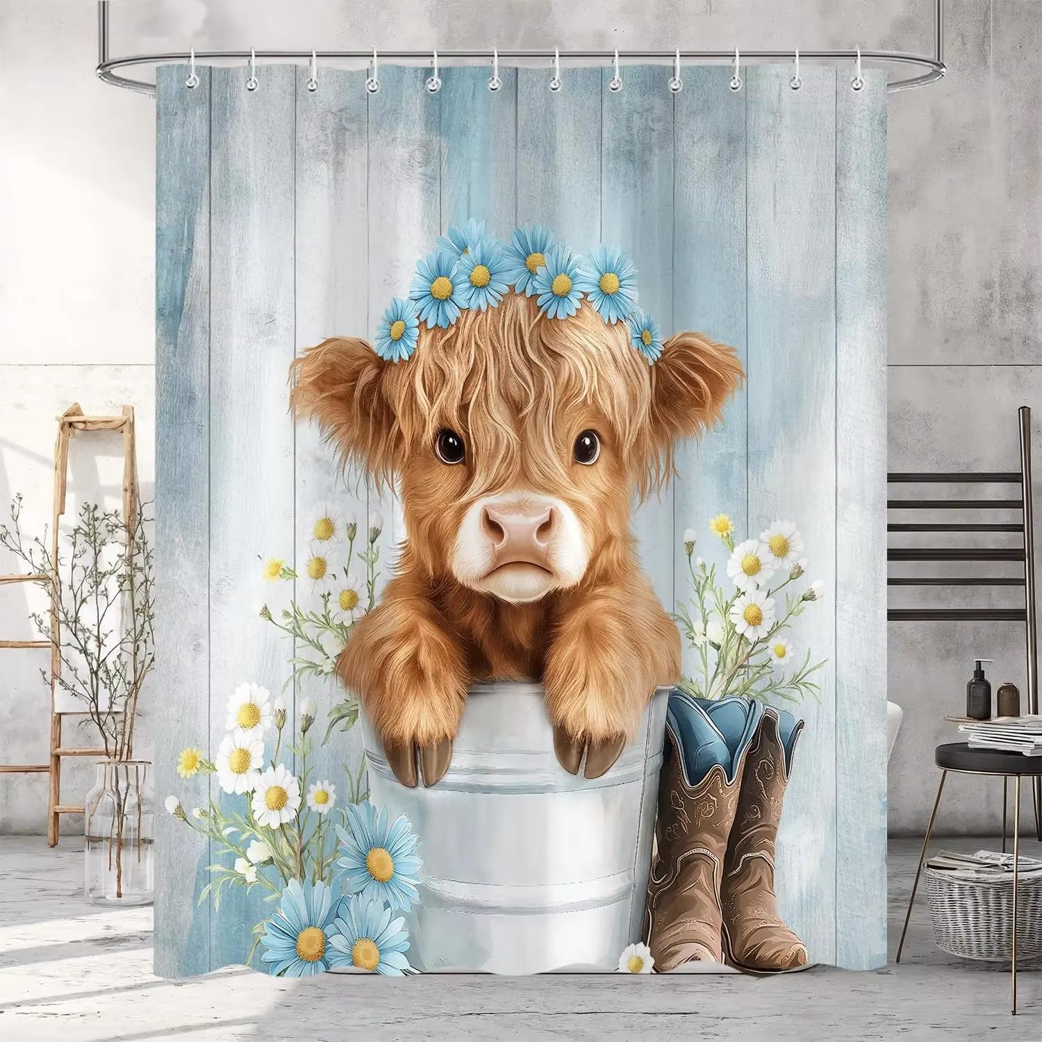 IHHGNB Western Highland Cow Shower Curtain, Funny Cute Art Cow Print Rustic Country Farmhouse Blue Floral Bathroom Decor(135x200cm(53x79in)