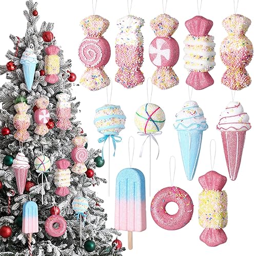 Poen 12 adornos de Navidad de caramelo pastel 2025 de 5.9 pulgadas, decoraciones de árbol de Navidad, paletas de color rosa pastel, dona, helado,