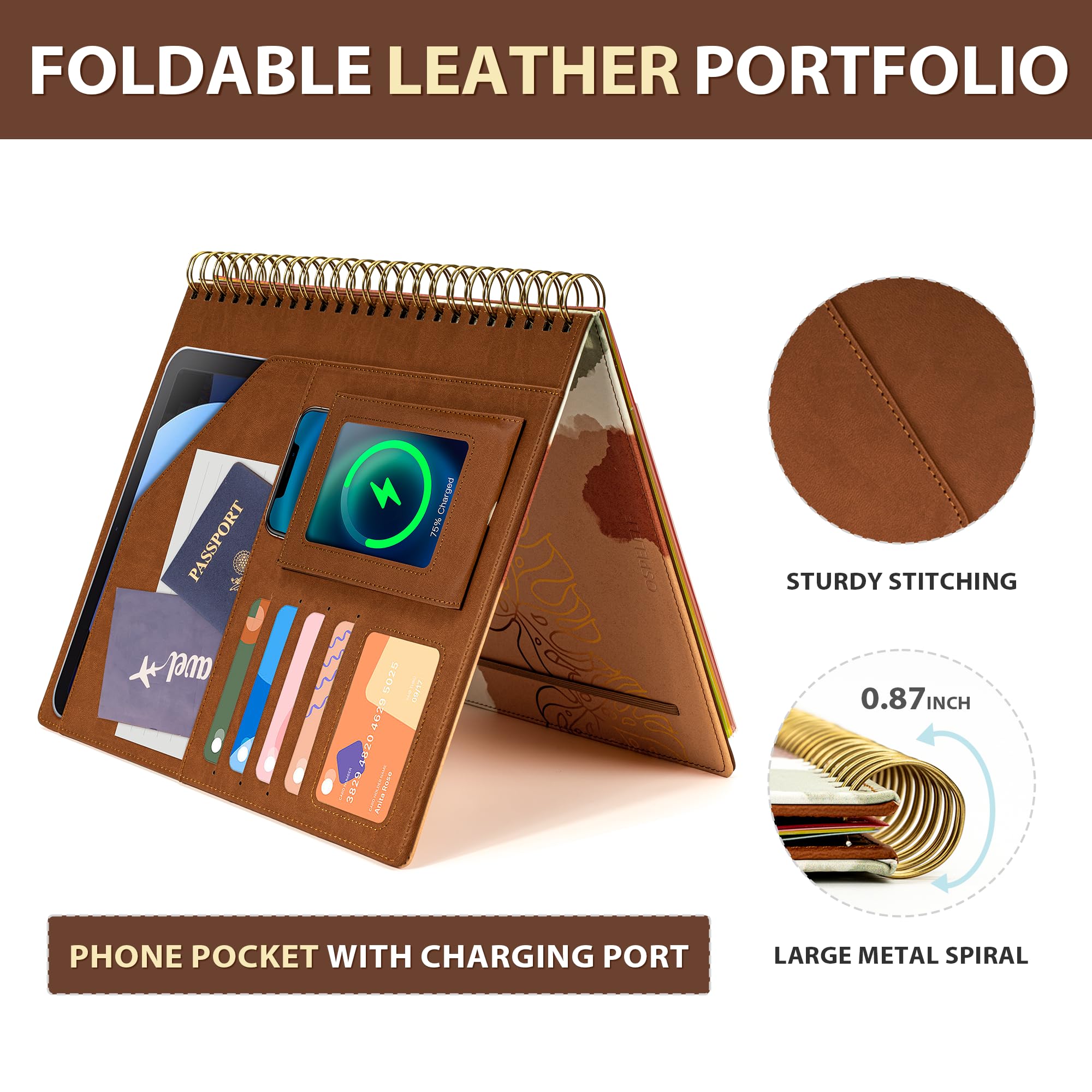 Ospelelf Padfolio a spirale in pelle con portablocco portablocco organizer raccoglitore con cinturino elastico tasche per blocco note marrone