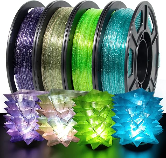 IEMAI PETG Filament 1,75 mm, PETG Glitter filament, do drukarki 3D, przezroczysty filament PETG, 250 g x 4, PETG zielony / niebieski i fioletowy / tęczowy, filament 1,75 PETG Glitter