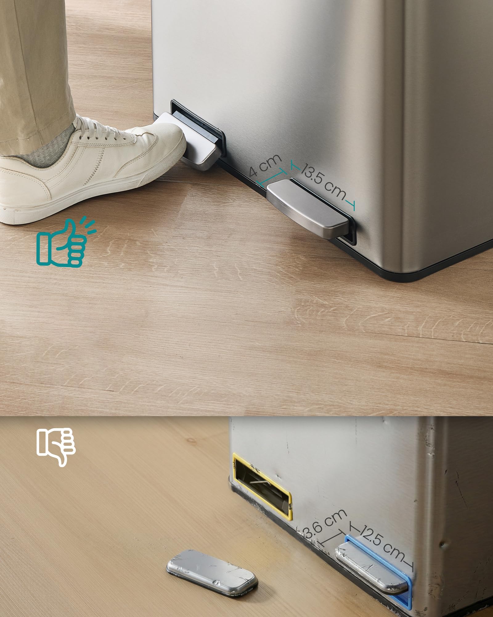 SONGMICS Kosz na śmieci kuchenny, 2 x 30 l, system segregacji śmieci, 2 przegródki, kosz na śmieci z 15 workami na śmieci, kosz na śmieci z pedałem, wyjmowany kosz wewnętrzny, pokrywka Softclose
