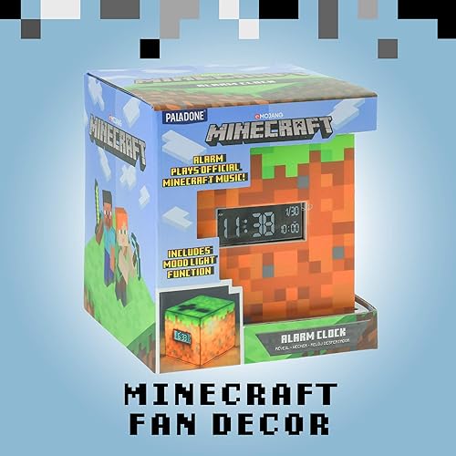 Miniatura 6 de Paladone Minecraft Grass Block - Reloj despertador digital, función de lámpara iluminada, reproduce música oficial en juegos, decoración de