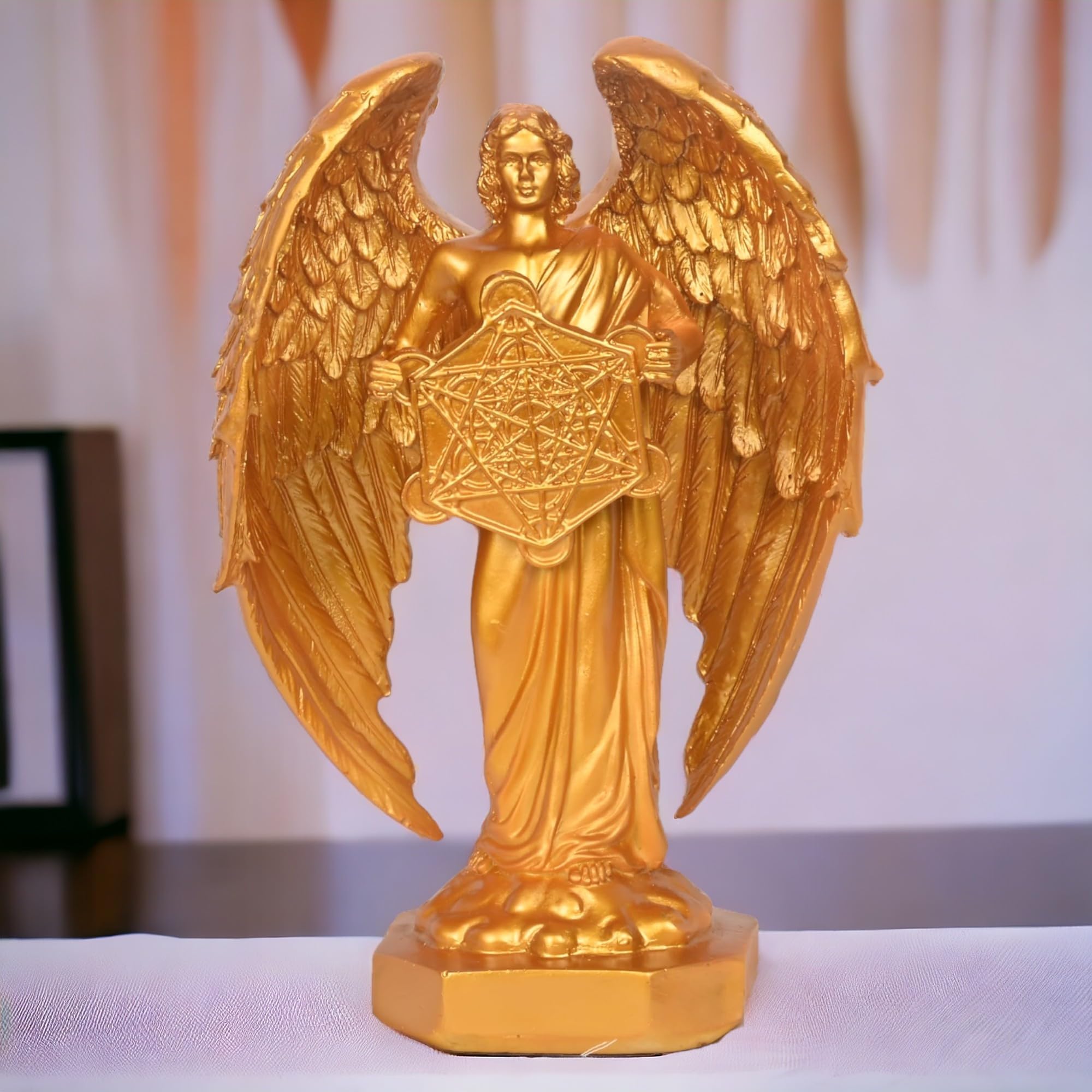 Archangel Judaism Metatron Statue Idol Perfect Reiki Healing Angel Holding Sacred Flower of Life Geometric Cube Statue Muiltcolor (9 x 10 x 26 CM) (A0135 (Gold)), Resin, Religious