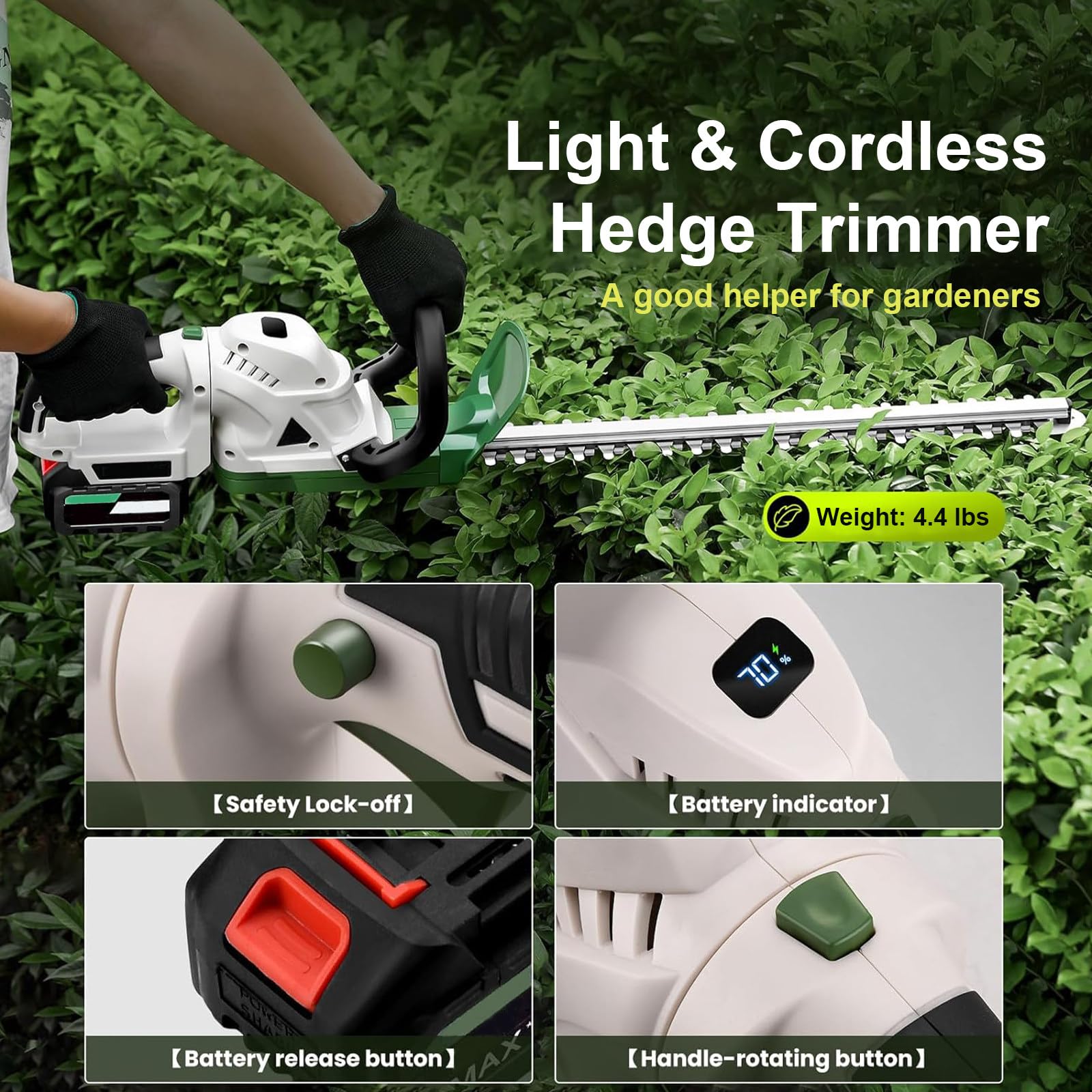 Cortasetos eléctrico inalámbrico Ligero, con baterías Recargables duales de 21 V y 2600 mAh, Cuchilla de Doble Filo de 51 cm para setos y arbustos.