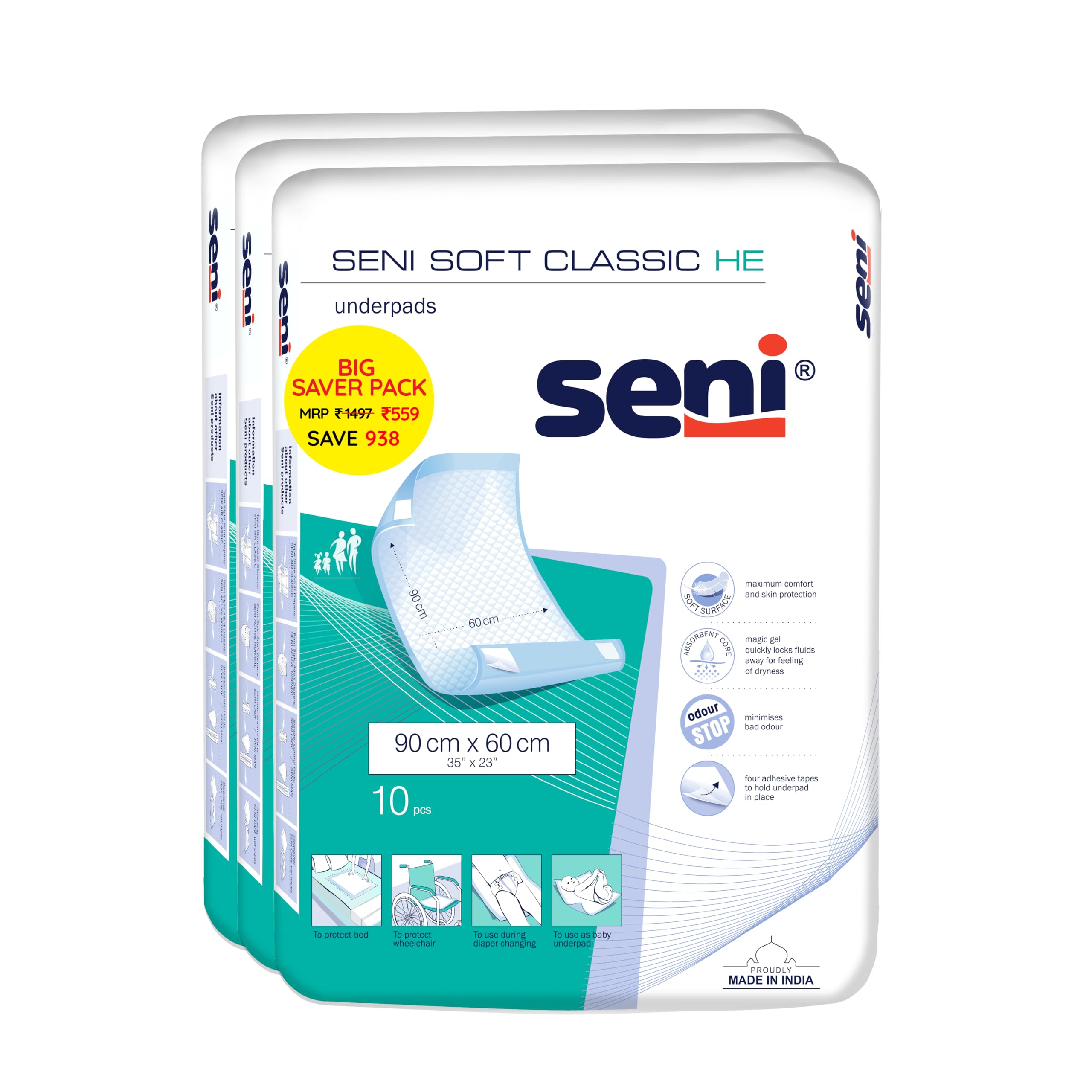 Seni Soft Classic HE Underpads, Large (90 x 60 cm) - Highly Absorbent, Leak-Proof, Super Soft & Comfortable, Unisex, Pack of 3 (10 Pieces per Pack)-image-33