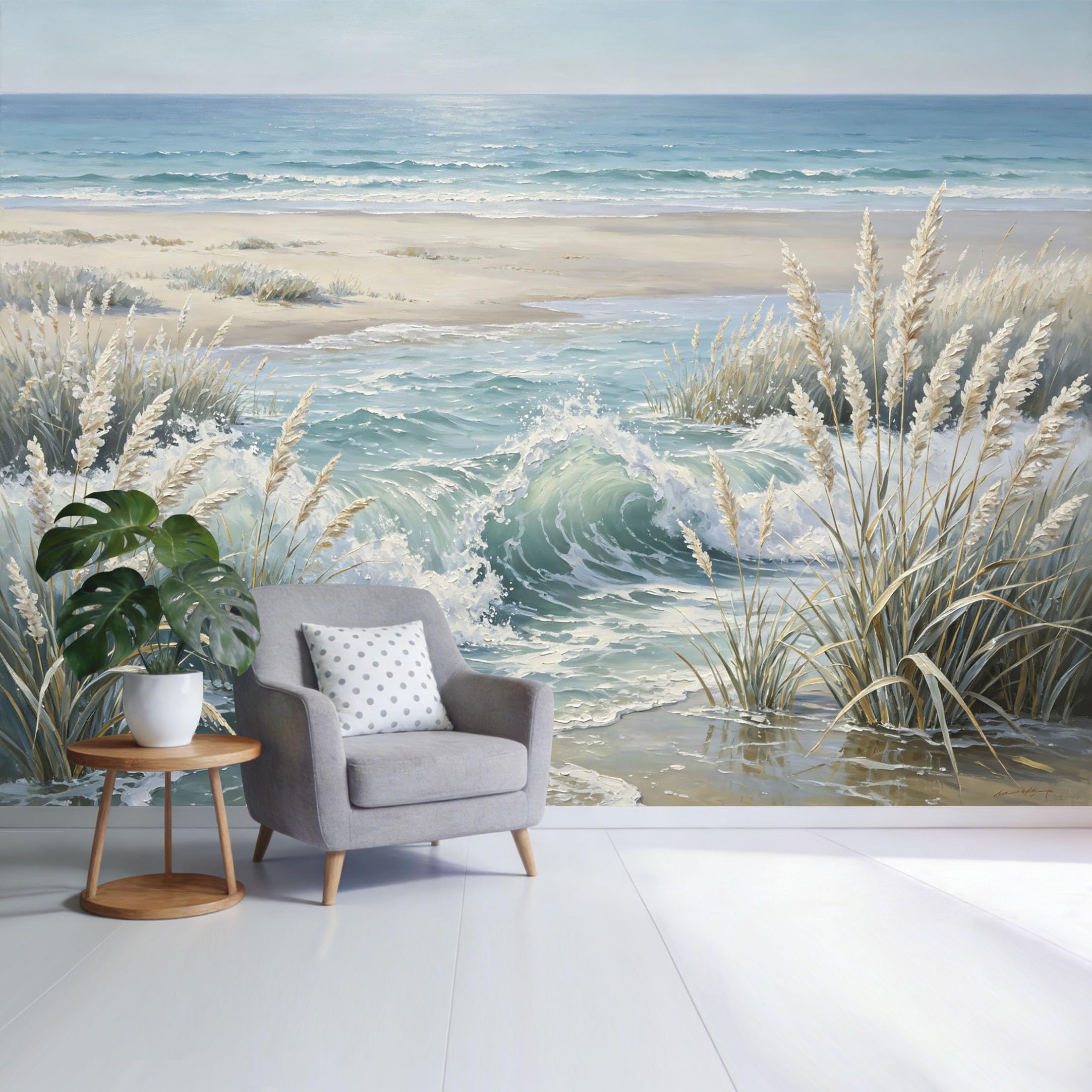 Custom Size Wall Mural Coastal Ocean Wave Beach Dune Seagrass Landscape Watercolor Style SelfAdhesive Wall Fabric Removable Wallpaper for Home Office Decor