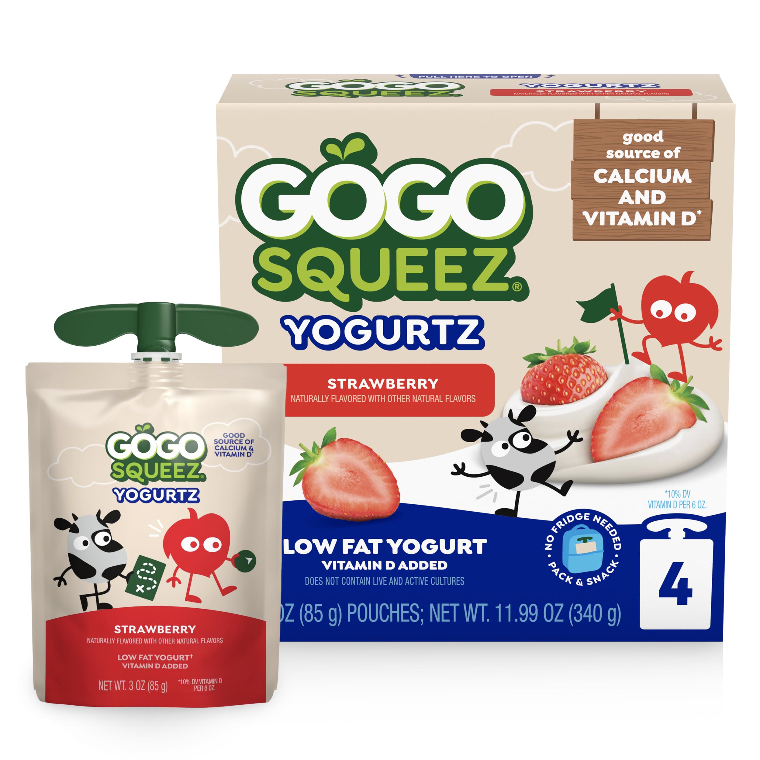 GoGo squeeZ yogurtZ Strawberry, 3 oz (Pack of 4), Kids Snacks Made from Real Yogurt and Fruit, Pantry Friendly, No Fridge Needed, Gluten Free and Nut Free, BPA Free Pouches (Packaging May Vary)