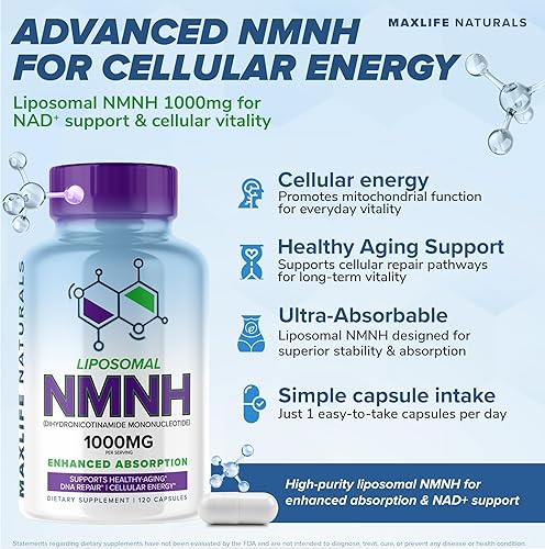 Miniatura 2 de MAXLIFE NATURALS NMNH liposomal 1000mg - Suplemento de apoyo NAD+ - Mononucleótido de dihidronicinamida biodisponible - 120 cápsulas