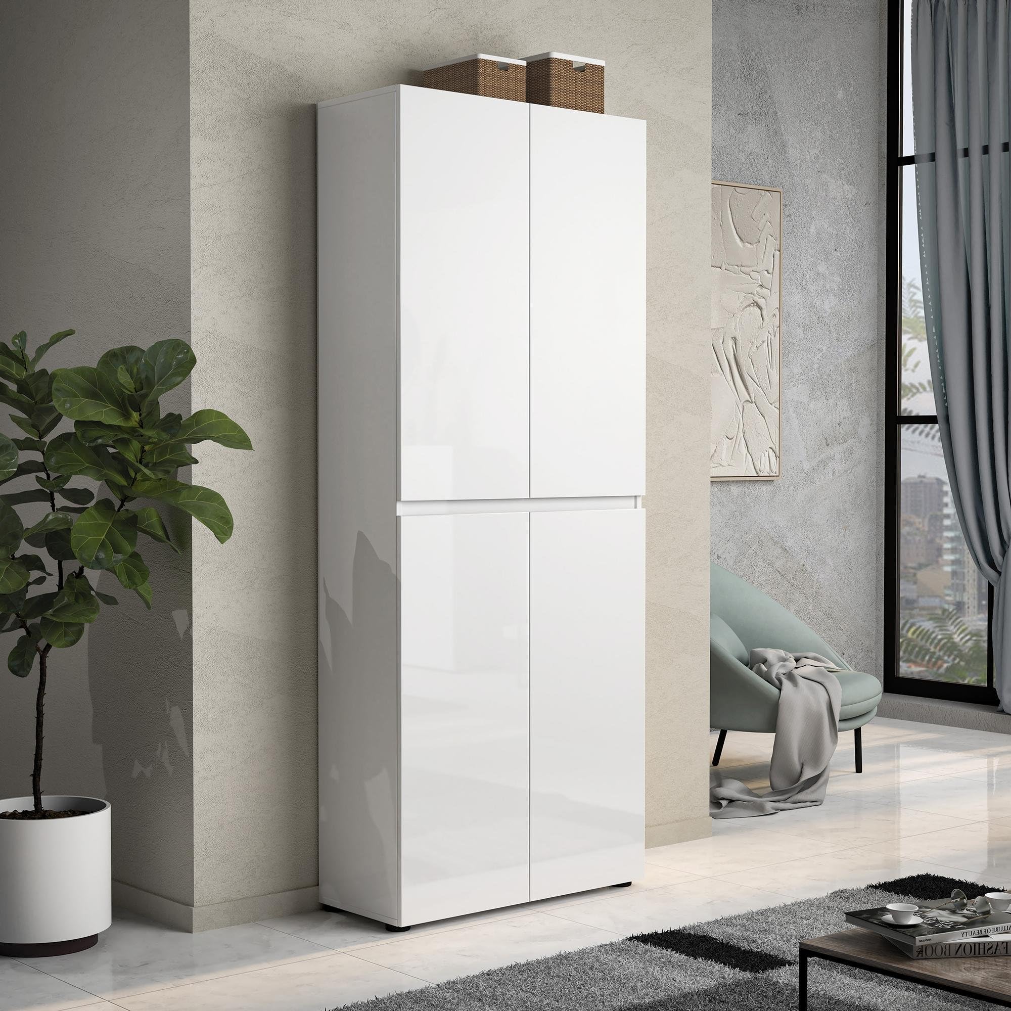 Dmora - Scarpiera Alberton, Mobile portascarpe, Armadio da ingresso multiuso, Mobiletto per calzature, Made in Italy, 80x34h200 cm, Bianco lucido