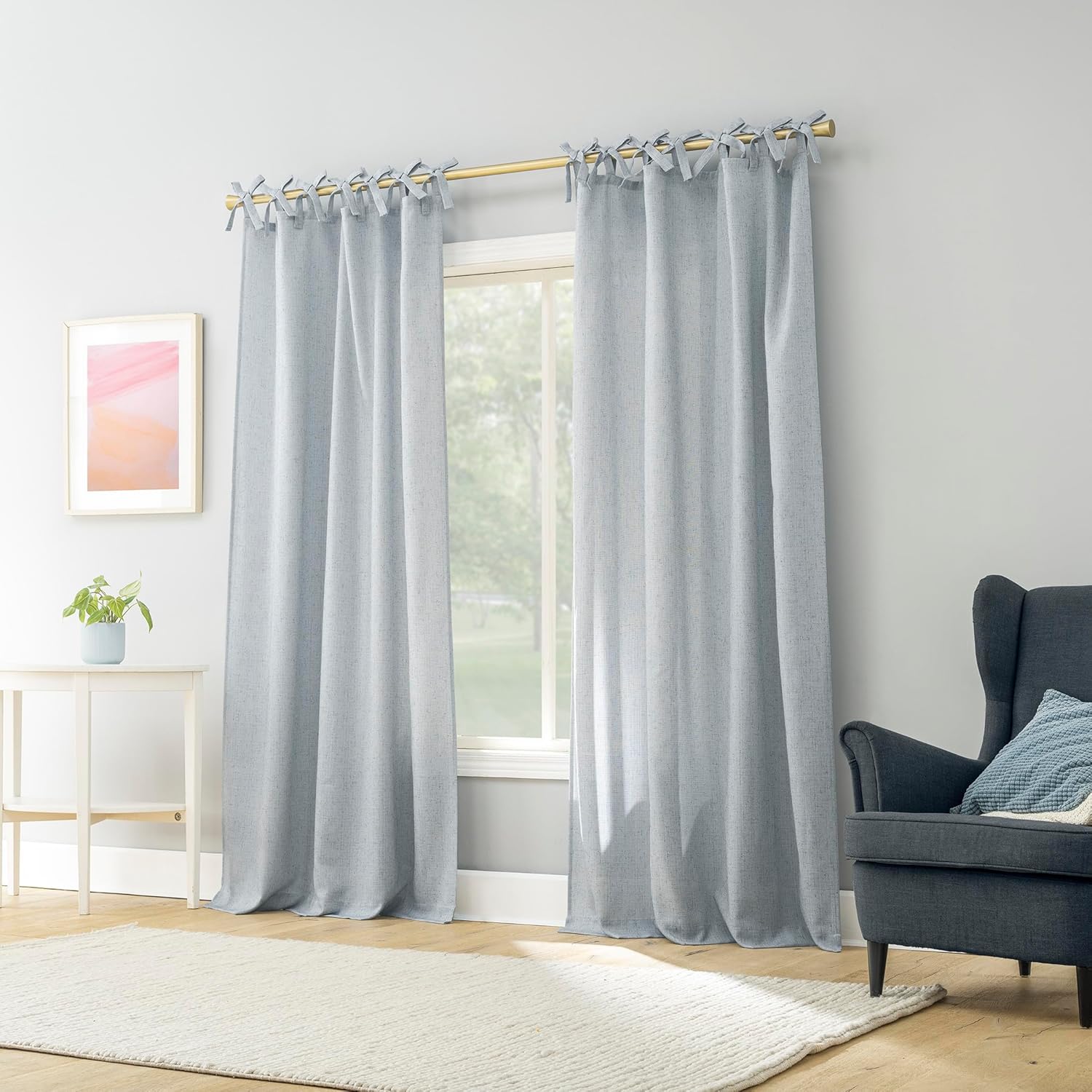 Sun Zero Roxy Generation Slub Texture Tacked Bow Semi-Sheer Tie Top Curtain Panel, 50" x 84", Faded Blue