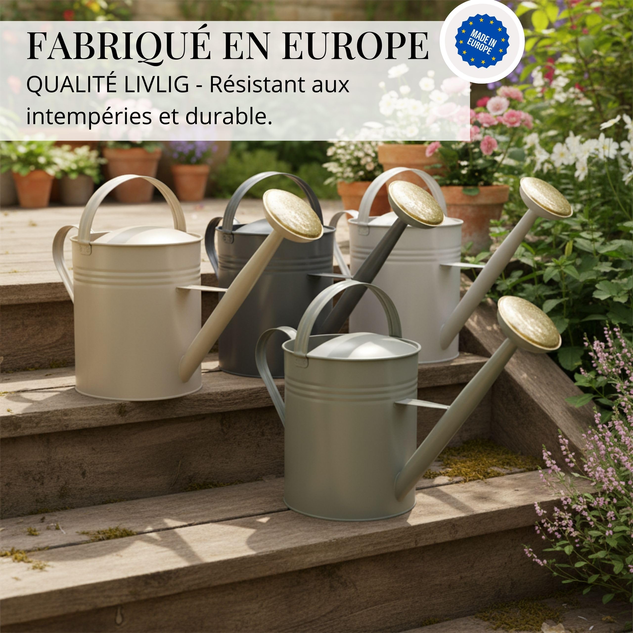 LIVLIG - Arrosoir vintage - 10 l - Pour jardin et balcon - Arrosoir en métal de qualité supérieure avec douchette amovible et design à 2 anses - Arrosoir vintage avec douchette en laiton - Greige