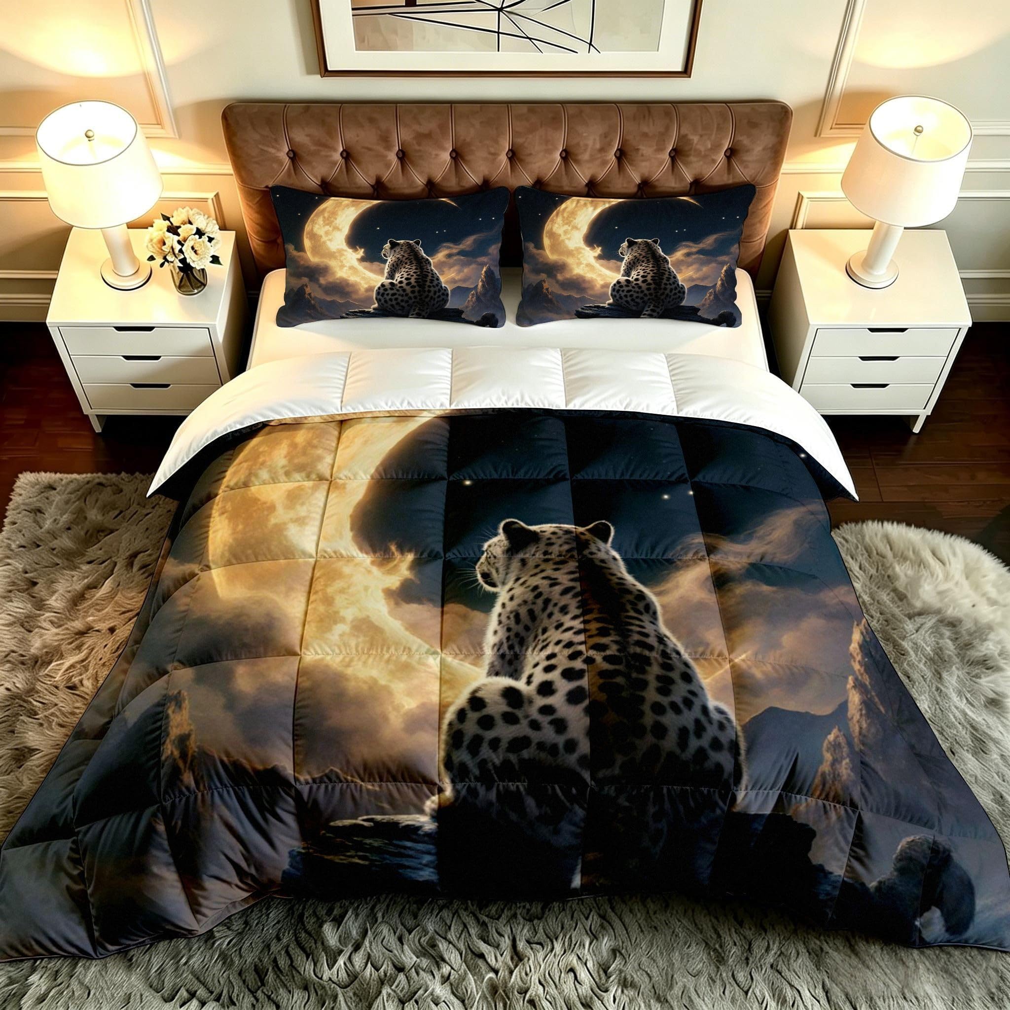Edredón de leopardo y luna 135x200 con 2 fundas de almohada para cama infantil de microfibra suave