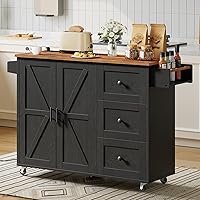 HOOBRO Rolling Kitchen Island with Power Outlets, 3 Drawers, Storage Cabinet, Spice Rack & Adjustable Shelf - Black/Rustic Brown