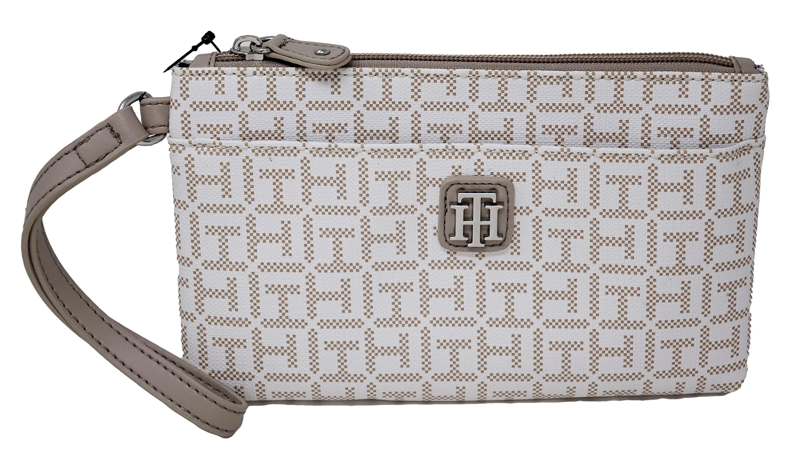 Tommy Hilfiger Women White Tan Coated Canvas Logo Print Wristlet Wallet Clutch Bag
