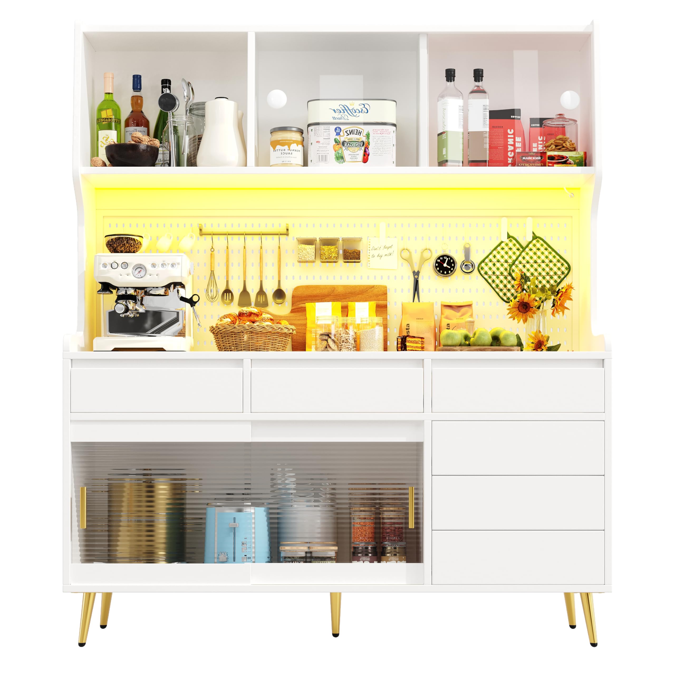 Mobile alto moderno, 145 x 39 x 171 cm, bianco, con armadio da cucina o armadio da sala da pranzo con cassetto, credenza con ripiano con parete forata