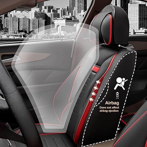 Miniatura 2 de ASLONG Juego completo de 5 fundas de asiento delantero y trasero de automóvil con alas de ángel, de piel de napa negro y rojo, accesorios interiores