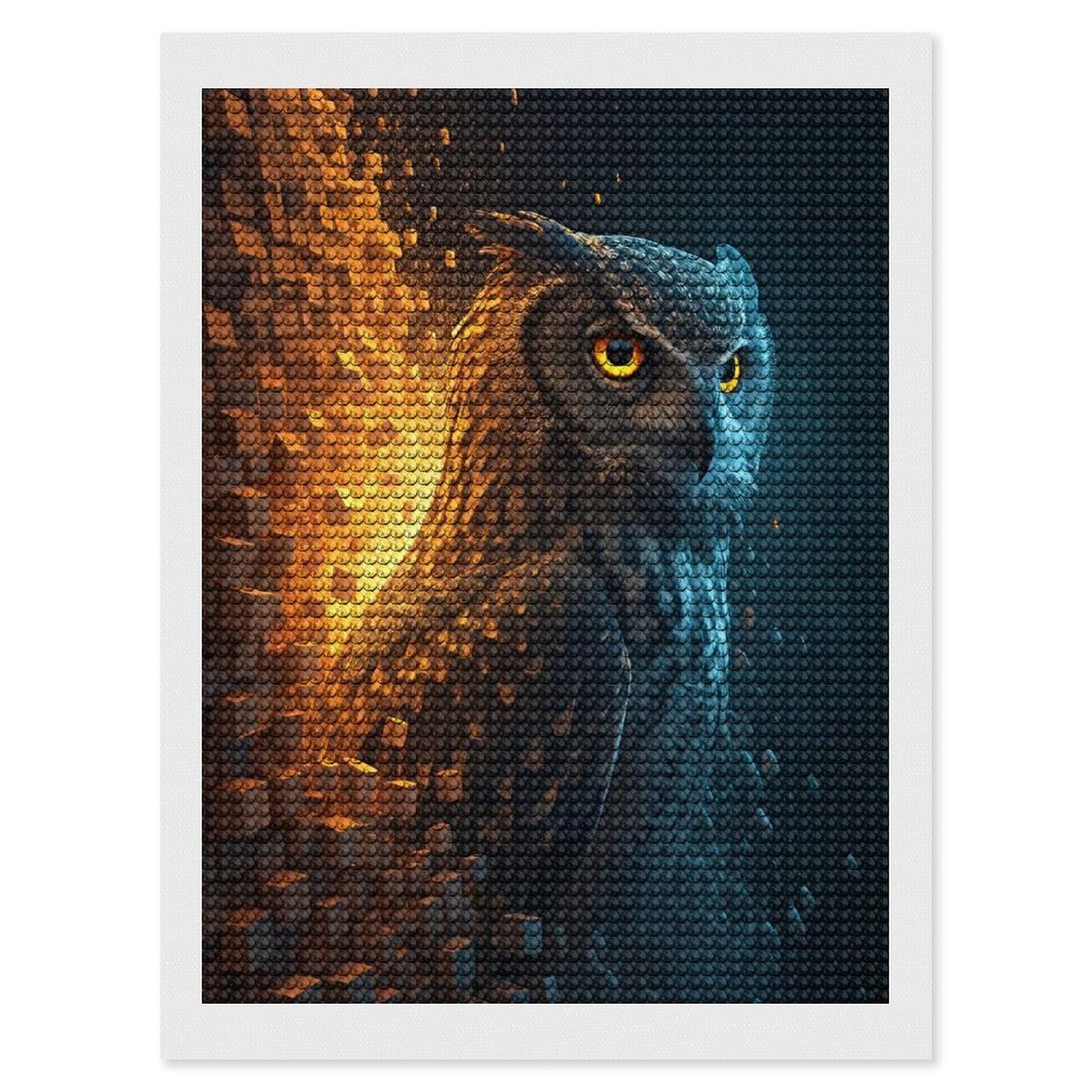 Junmoney Fiery Owl Exploding Into Cubes Diamond Art Kit 12"x16", Bedroom Decor, Adhesive Canvas, Full Kit Included, Thoughtful Present, Birthday Gift