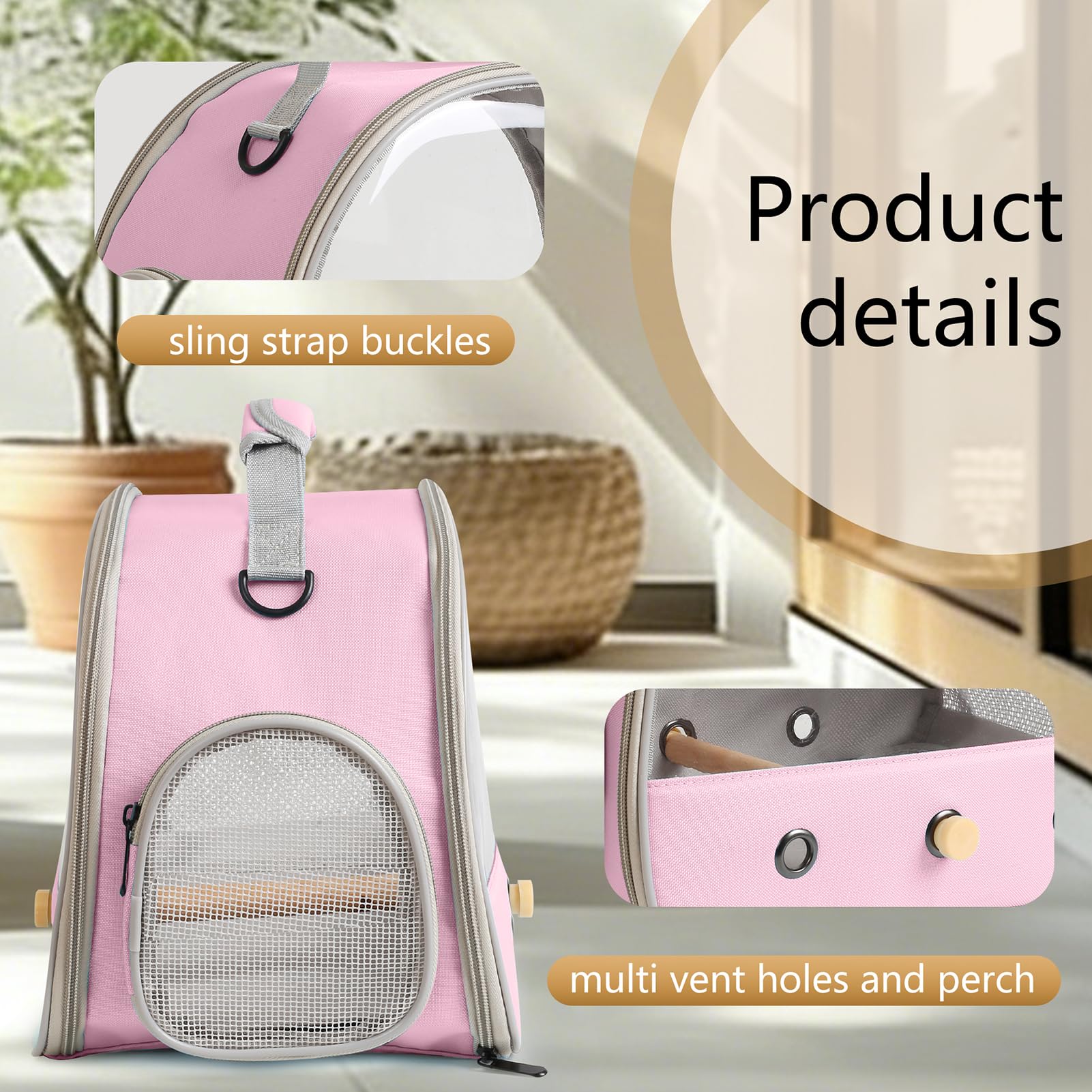 Vogelträger, tragbare Vogeltrage für Papageien, Sittiche, Wellensittiche, kleine Vögel mit weicher Matte und Holzstange (Rosa)
