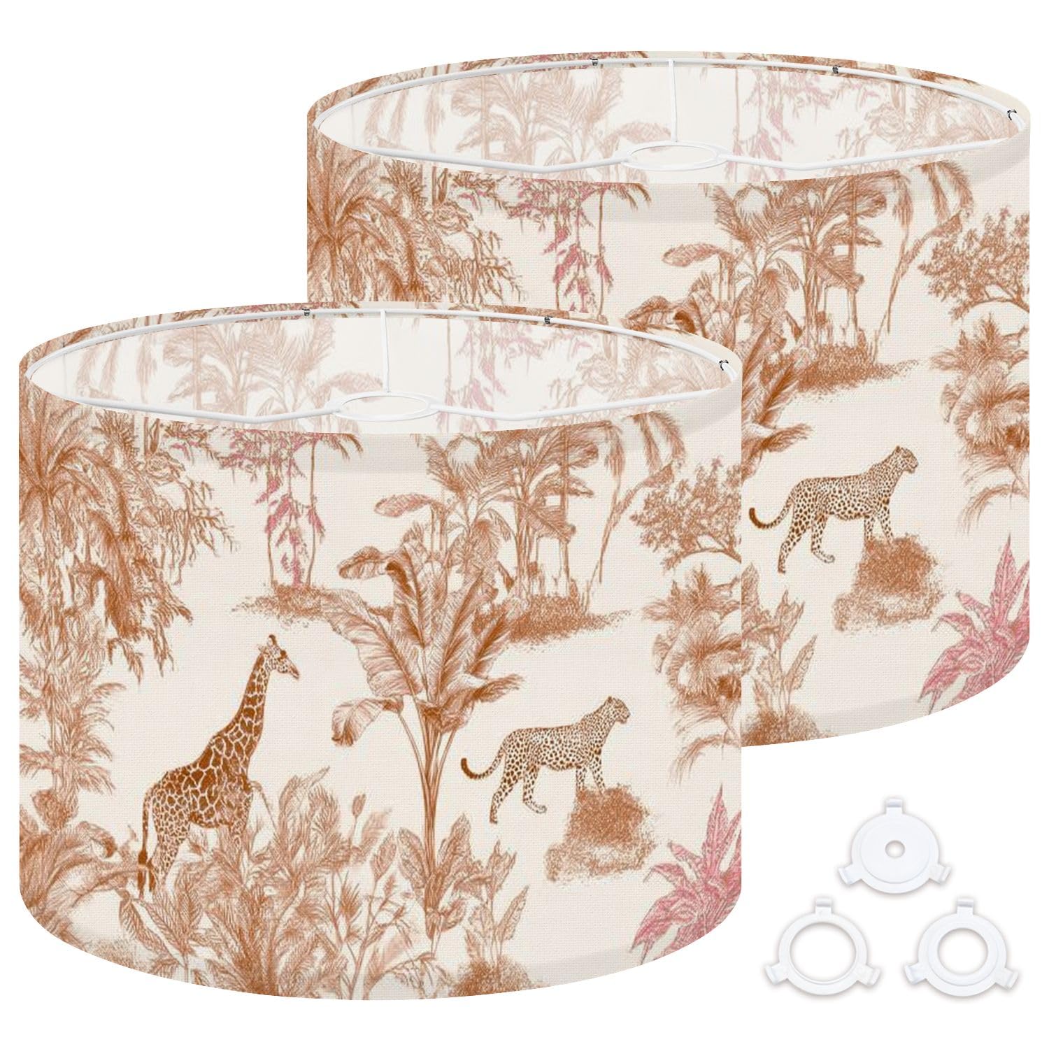 Fabric Drum Lamp Shade Safari Wildlife Cheetah Giraffe Exotic African Plants Vintage Funky Medium Linen Decorative Lampshades 13inch Set of 2 for Table Lamps, Floor Lamps,Ceiling Lamp