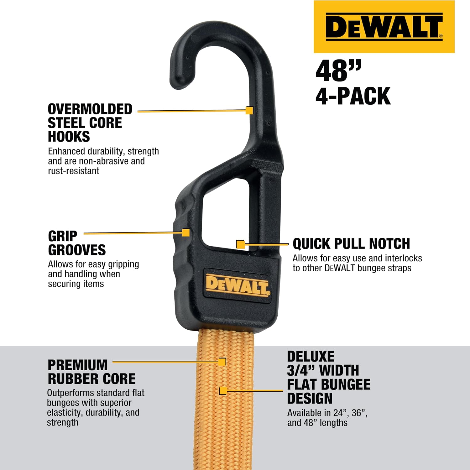 DEWALT 48" Premium Flat Bungee Straps, Interlocking Quick-Pull Notch, 4-PK | Non‑Scratch Steel‑Core Hooks with Quick‑Pull Notch & Interlocking Grip for Stretching & Securing Lightweight Gear & Cargo