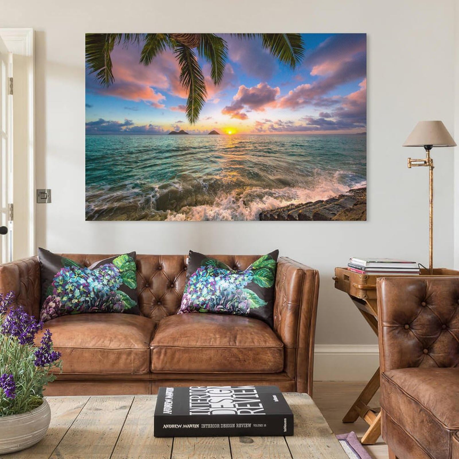 Amazon.co.jp: 絵画 ヤシの木と海に沈む夕日インテリア 絵画 ハワイ