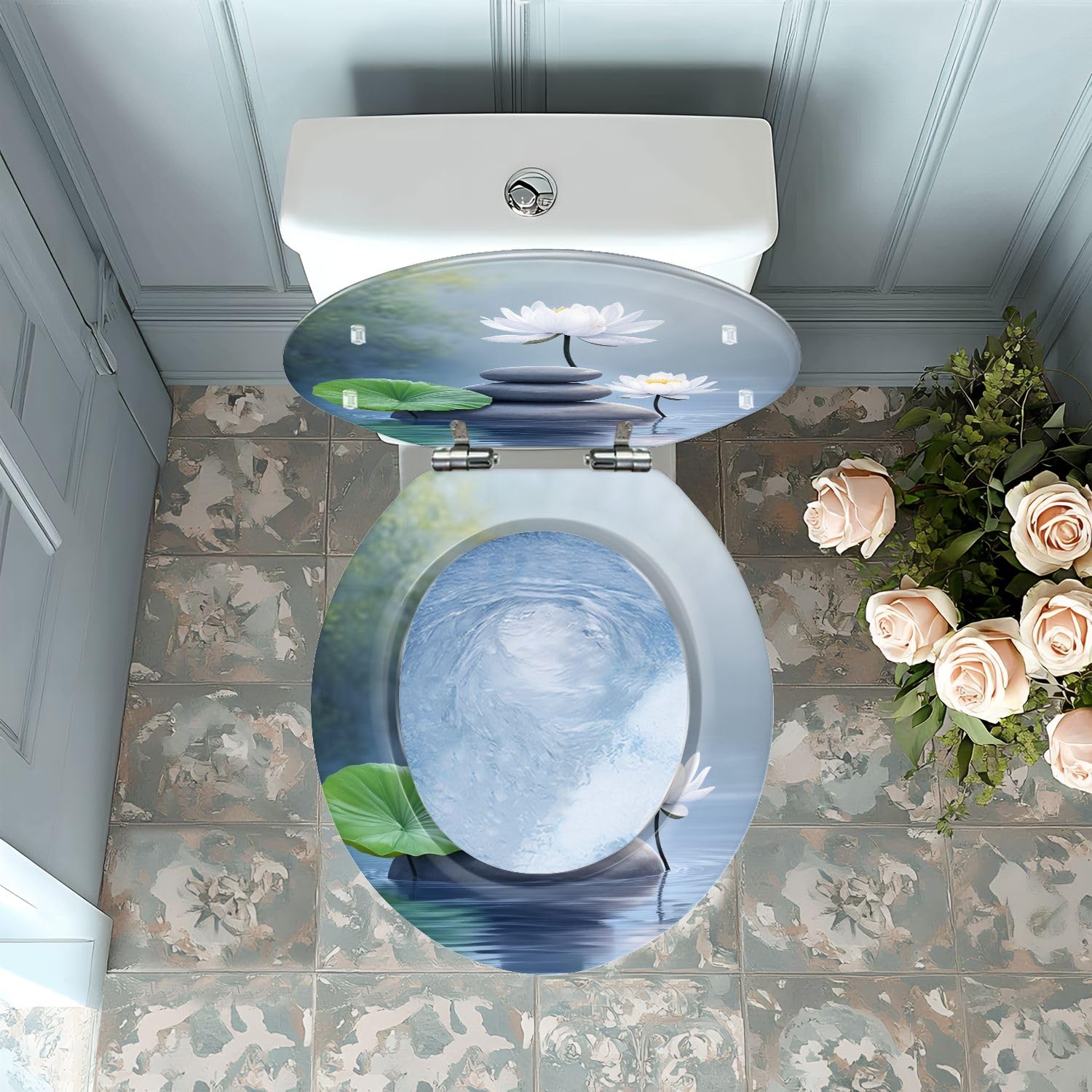 Asiento de inodoro redondo de resina blanca con bisagras de cierre suave para baño.