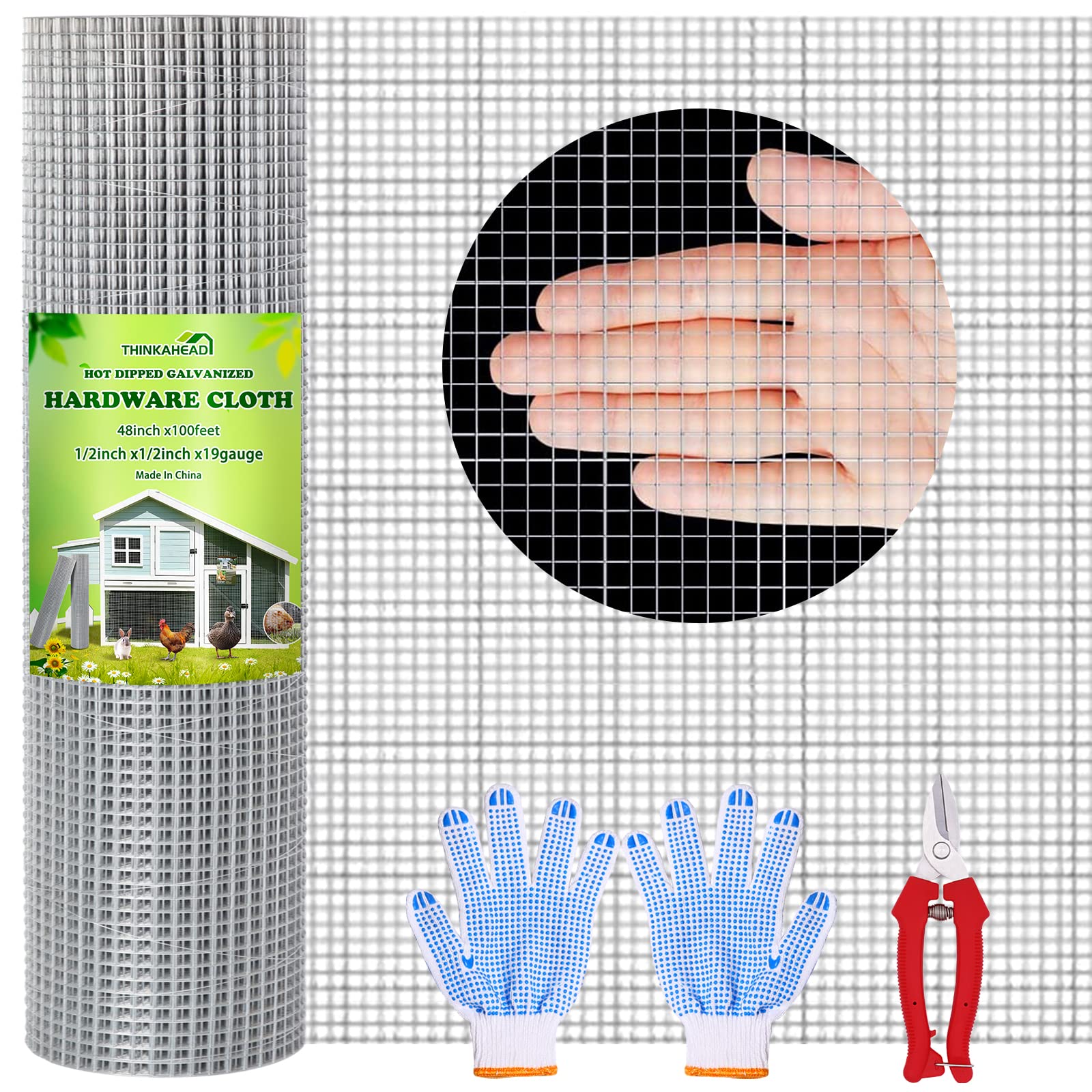 Thinkahead Hardware Cloth 1/2 Inch 48 X 100 ft 19 Gauge, Chicken Coop Wire Fencing, Hot Dipped Galvanized Wire Mesh, Hardware Cloth for Chicken Coop, Rabbit Cages, Garden, Small Rodents Screen Fence