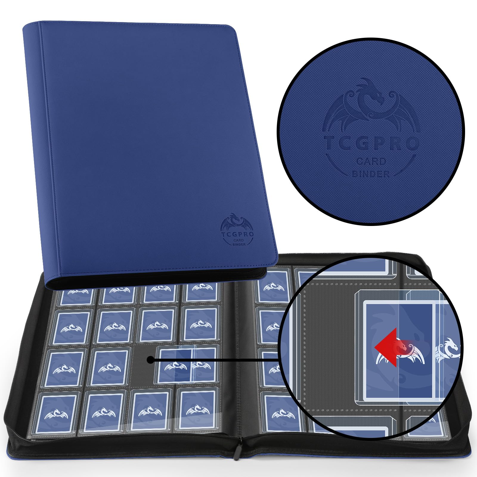 TCGPRO 16 tasche Toploader, per carte da collezione da 640 3" x 4" con custodie, album Toploader 20 pagine double face, compatibile con Trading Card, carte sportive, ecc. Blu scuro