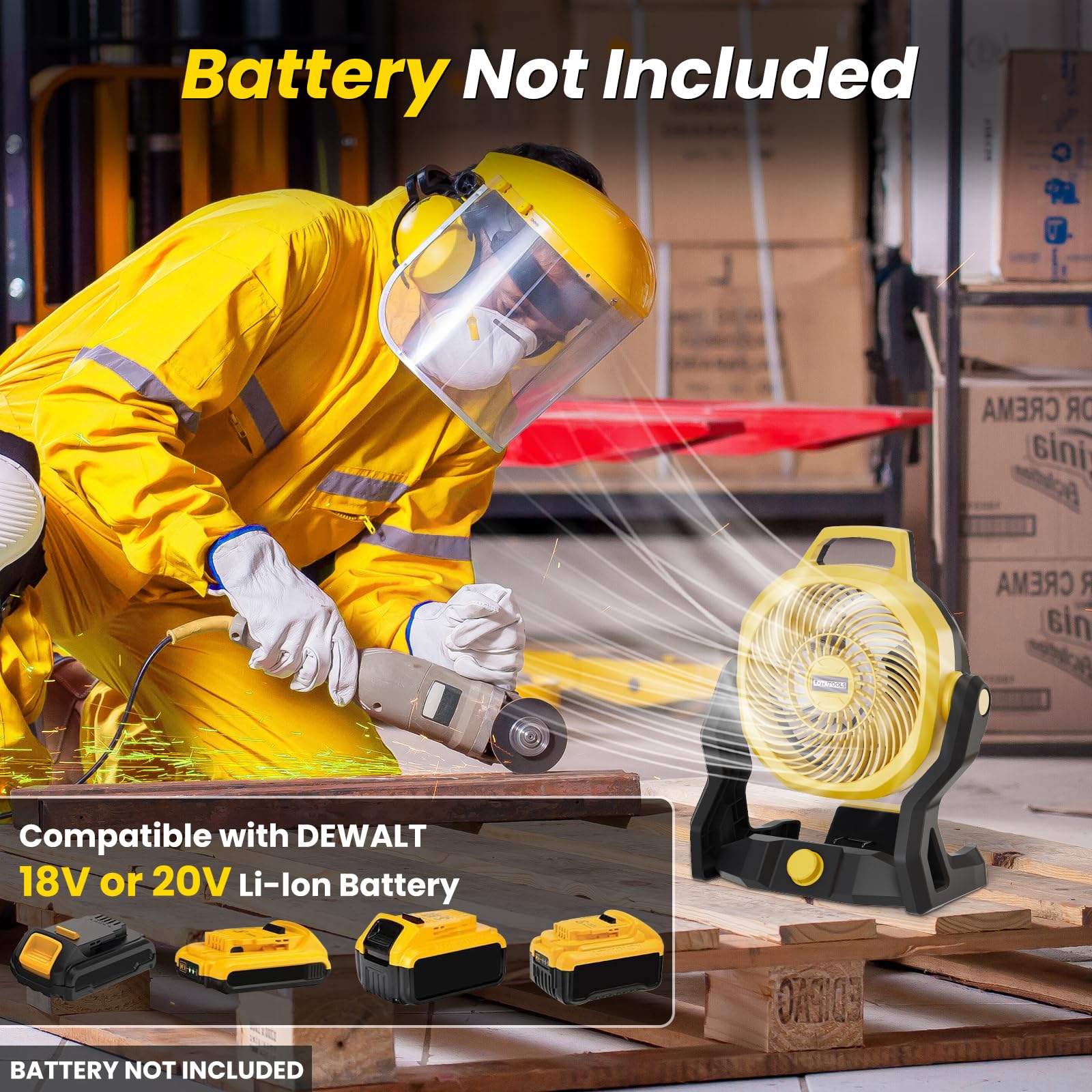 Przenośny wentylator kompatybilny z akumulatorem dewalt 20 V MAX - wentylator zasilany baterią 650 CFM, wentylator biurowy 30 dB niski poziom hałasu, bezprzewodowy wentylator, idealny do