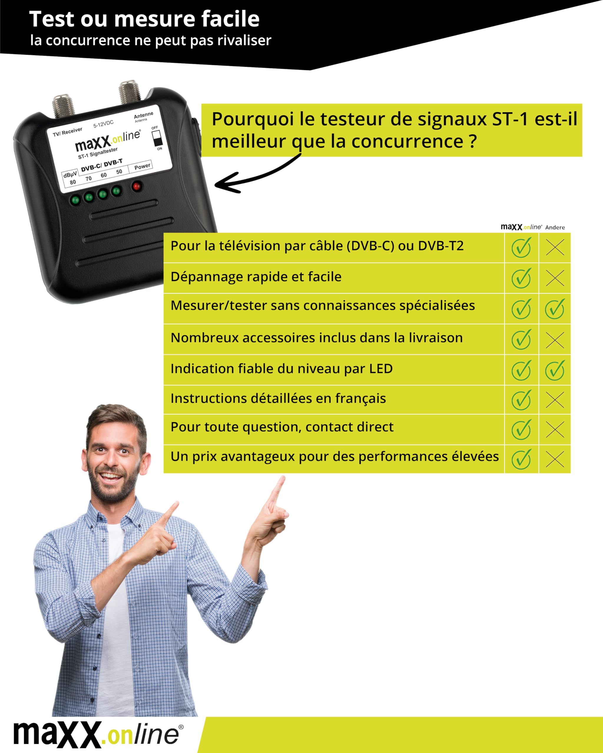 Testeur de signaux DVB-T2/DVB-C, mesurer le signal d'antenne, vérifier l'intensité du signal de la télévision par câble, testeur de télévision par câble analogique/numérique