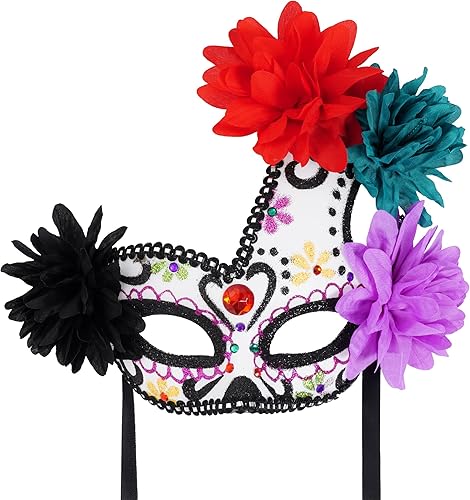 SUMERSHA Máscara del Día de los Muertos mexicanos para mujer, diseño floral de calavera de azúcar, máscara de disfraz de Halloween