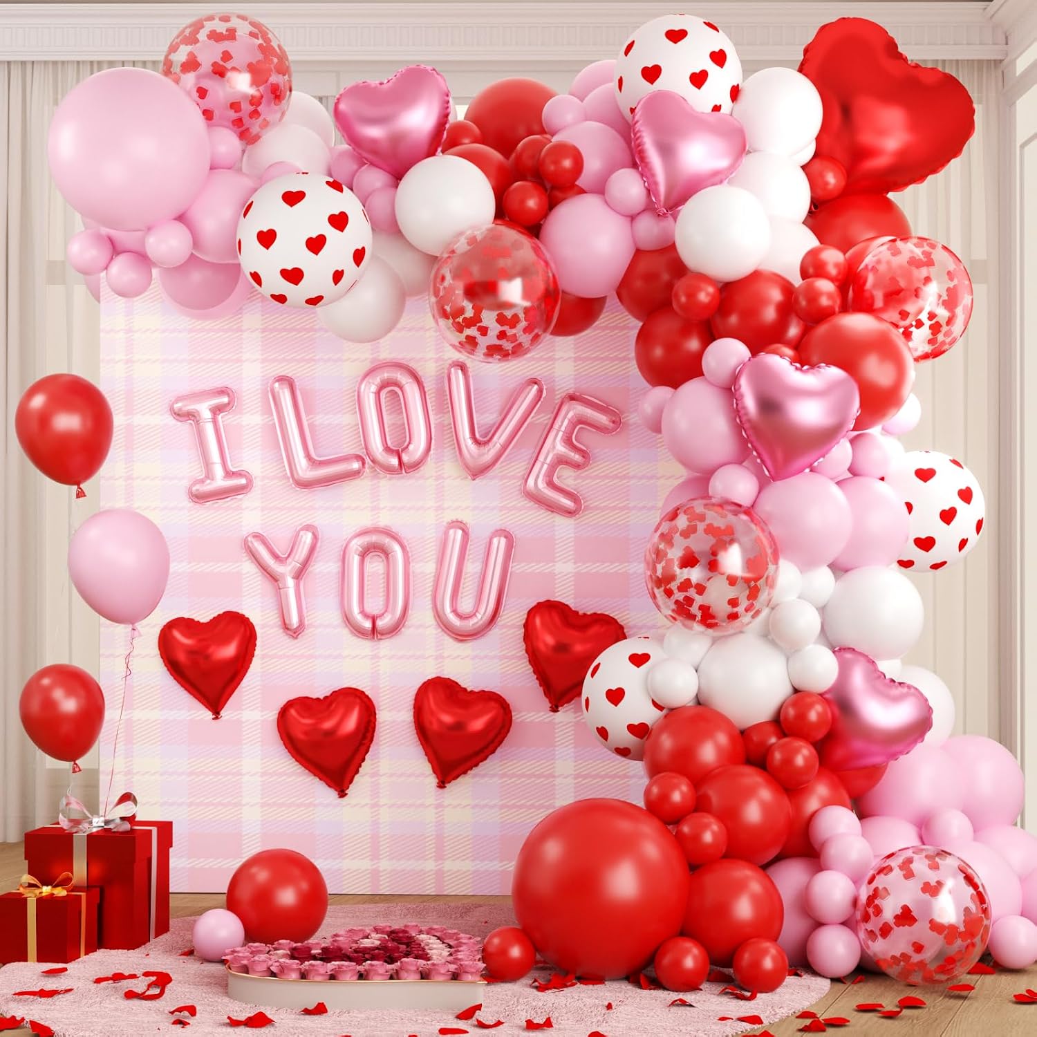 Valentines Day Balloon Arch Garland Kit, Valentine Pink White Red Heart I LOVE YOU Balloons with Rose Petals for Bachelorette Bridal Engagement Birthday Galentines Valentines Party Decorations
