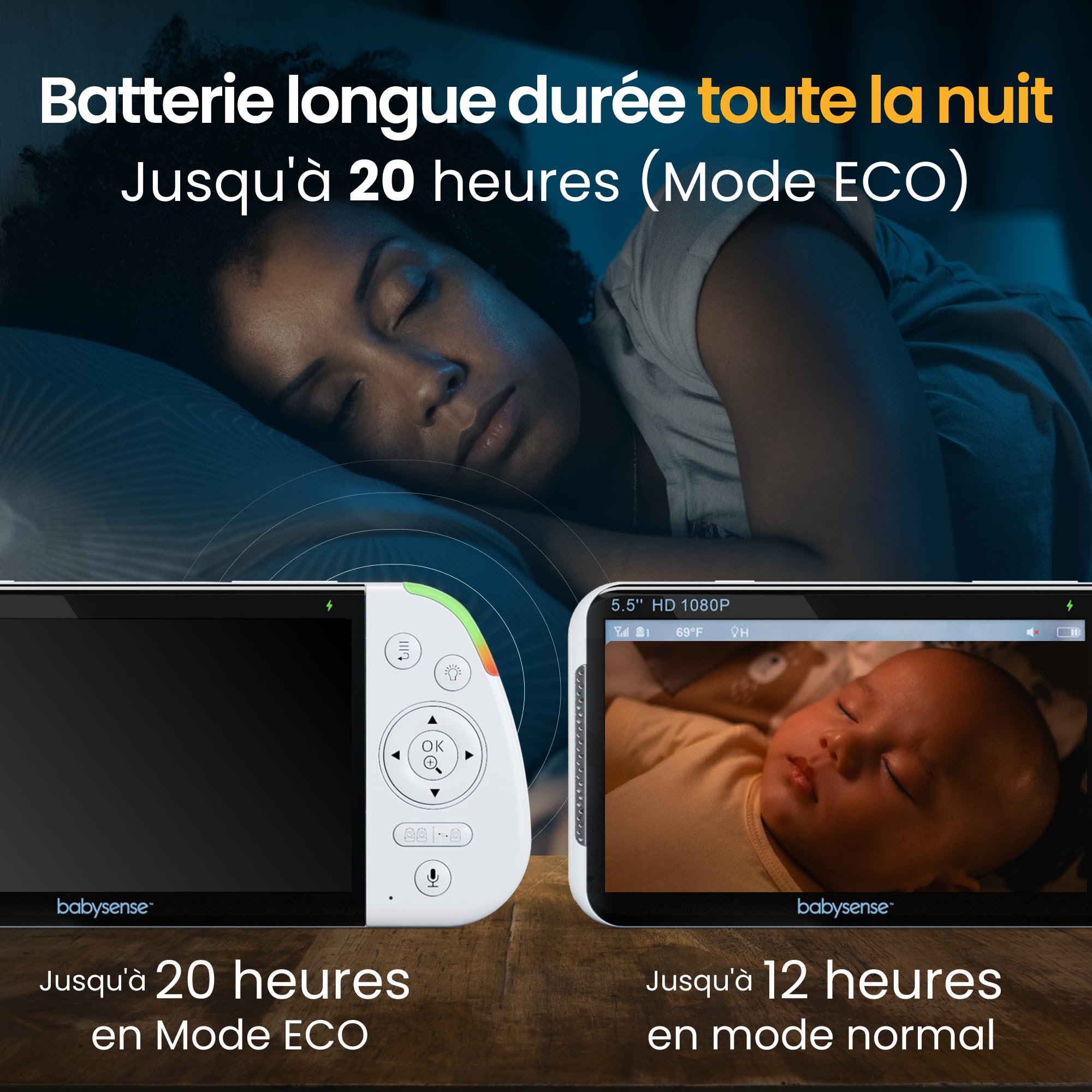 Babysense - Moniteur bébé Full HD écran partagé - Avec 2 caméras - Veilleuse en 6 couleurs - Bruit et machine à lumière - Batterie de 20 heures - Connexion sécurisée sans WiFi