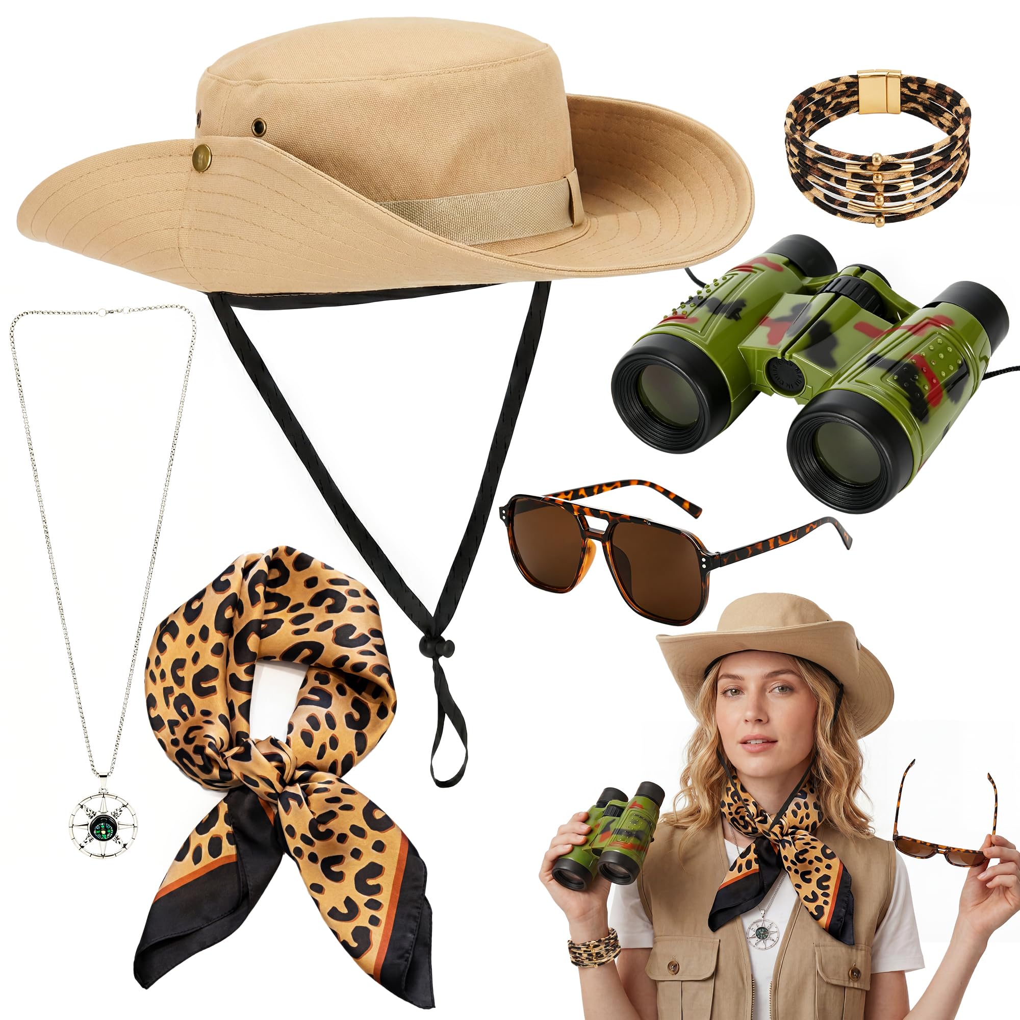Kuleyang Safari Costume Women Explorer Fancy Dress Set, Safari Hat Leopard Print Accessories Outfit with Sunglasses, Binoculars & Scarf for Halloween, Festival, Hen Party & Zookeeper Cosplay