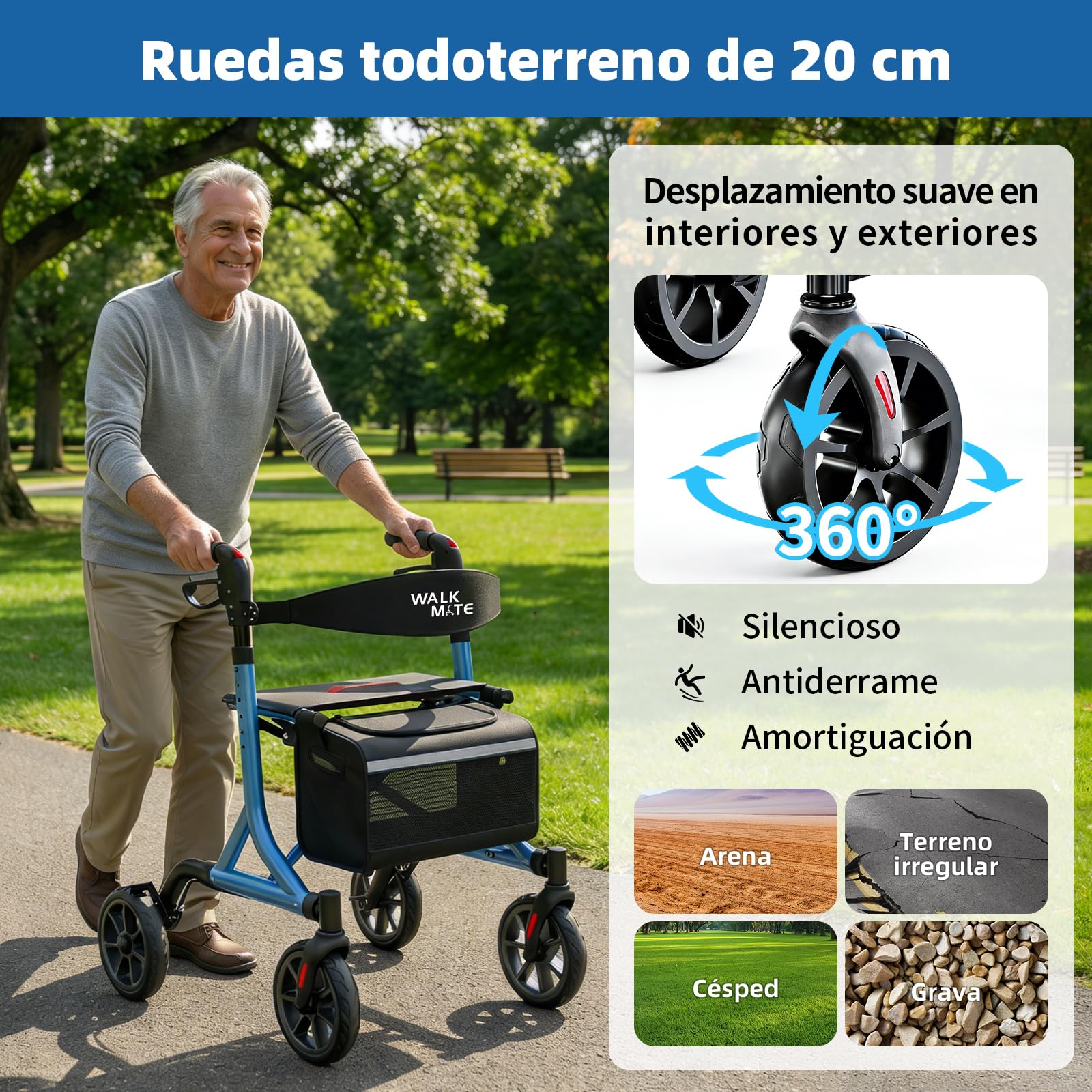 WALK MATE Andador para Ancianos Plegable y Ligero con Asiento - Altura Ajustable, Aluminio, Portavasos, Andador Delgado para Interior y Exterior, 6,7kg