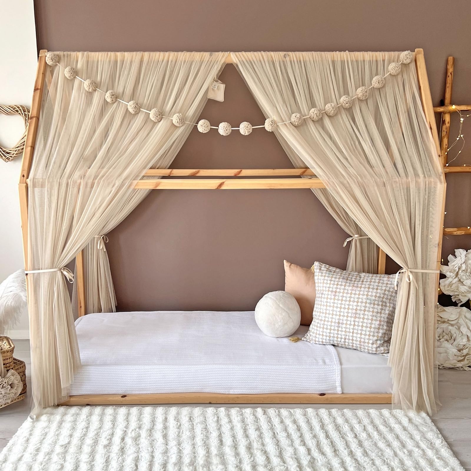 Toldo de cama estilo princesa para niñas, decoración de habitación de niños para camas Montessori, regalo de tul suave para niños pequeños (beige, 440 cm, juego 1)
