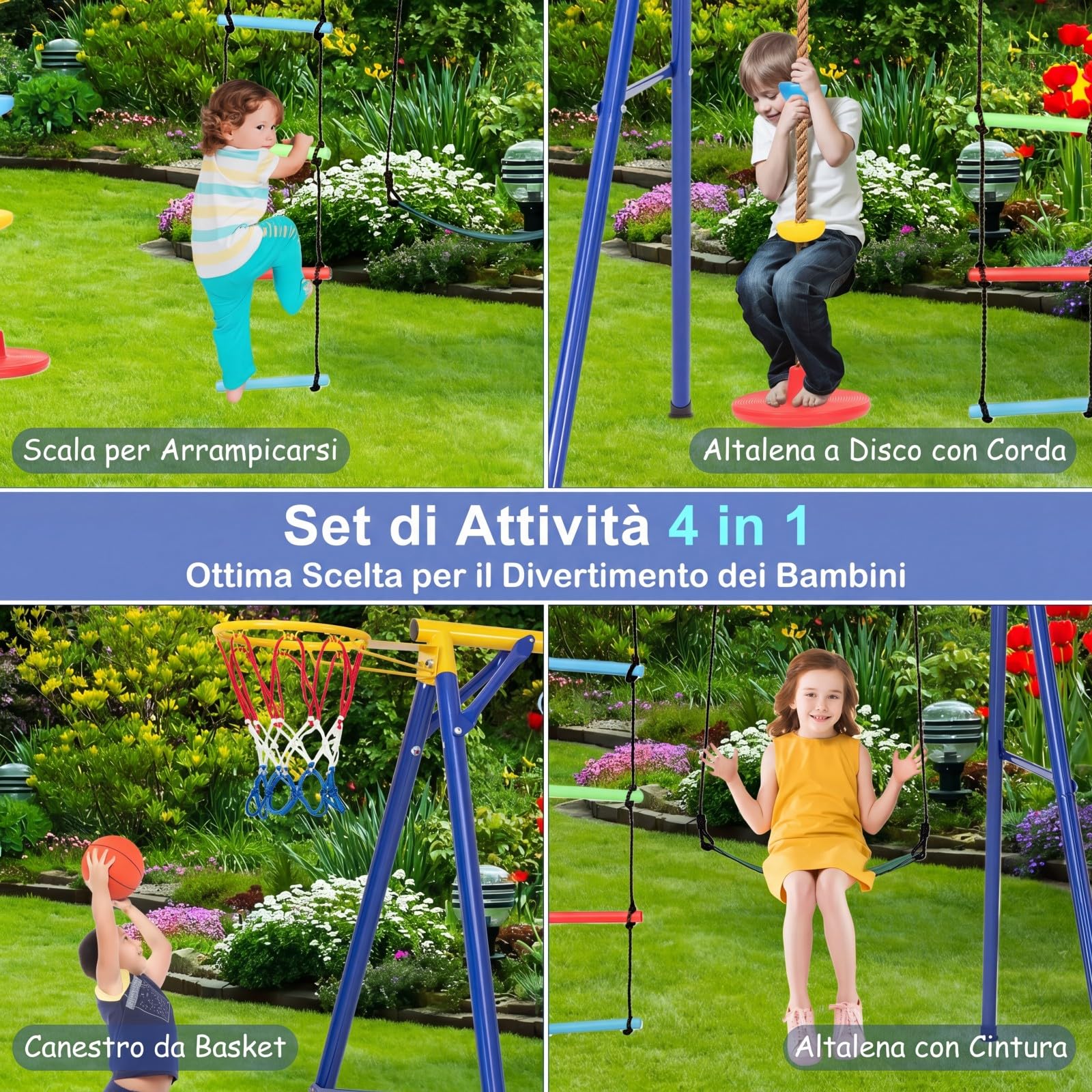 COSTWAY Set Altalena per Bambini, Set Altalena 4 in 1 (Verde) | con Canestro Basket, Altalena Regolabile, Scala e Disco con Corda, Giochi da Interno ed Esterno, Portata 300 kg