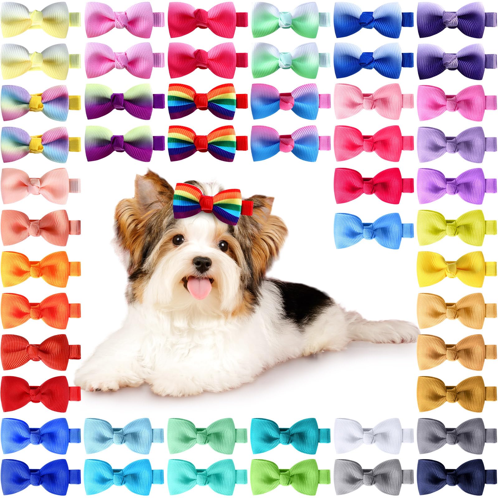 Maysing 50 Pcs Dog Hair Bows with Clips Puppy Dog Small Bowknot Cute Handmade Small Dog Accessories Pet Grooming Products for Doggies Cat Rabbit Kitten, Colorful