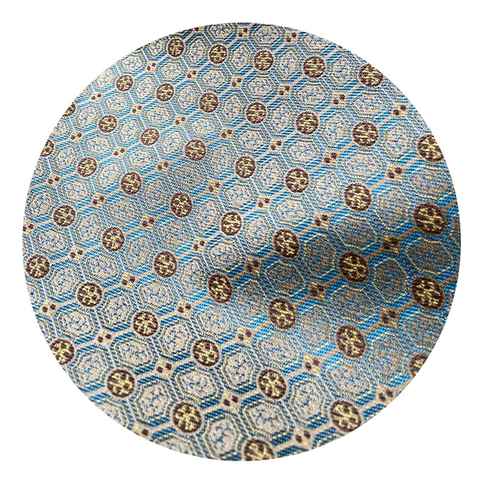 tela, Tela de satén seda con brocado y flores for coser tú mismo, color azul borde redondo café, tela tradicional 145 x 50 cm