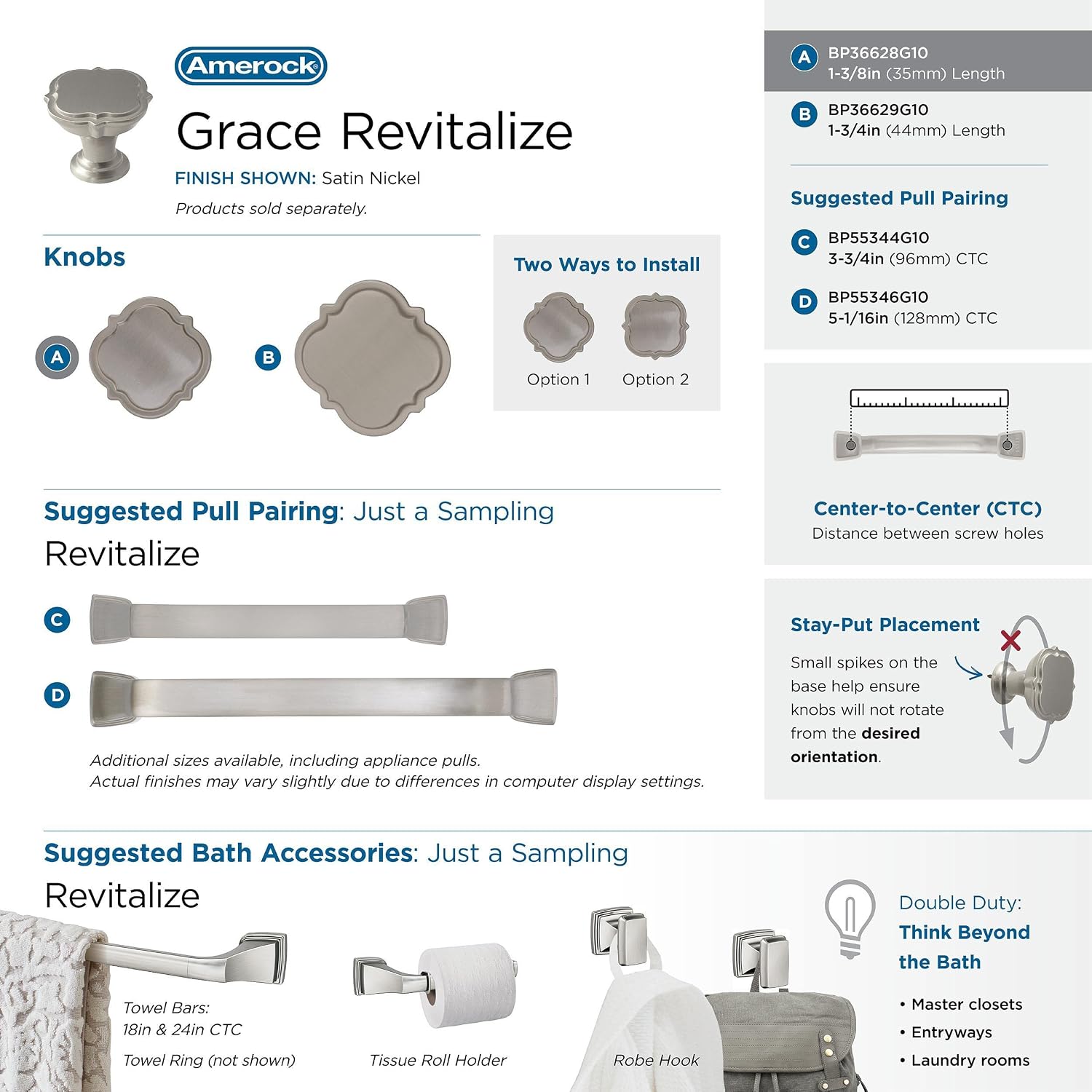 Amerock | Cabinet Knob | Satin Nickel | 1-3/8 inch (35 mm) Diameter | Grace Revitalize | 1 Pack | Drawer Knob | Cabinet Hardware