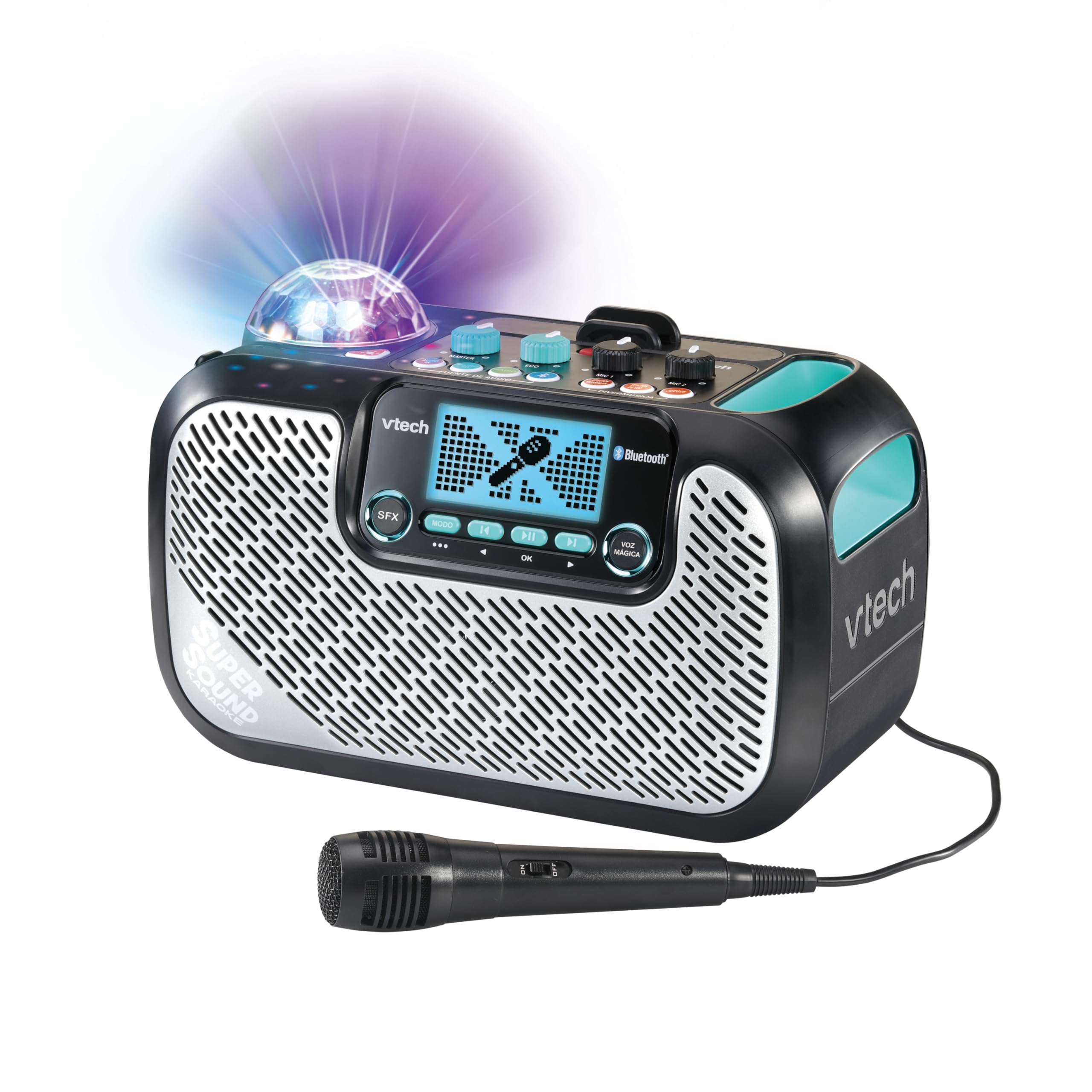 VTech - Super Sound Karaoke, Altavoz Karaoke portátil con micrófono, Bola de Discoteca iluminada giratoria, Bluetooth, Entrada Auriculares, Regalo niños +​14 años, Contenido en Español