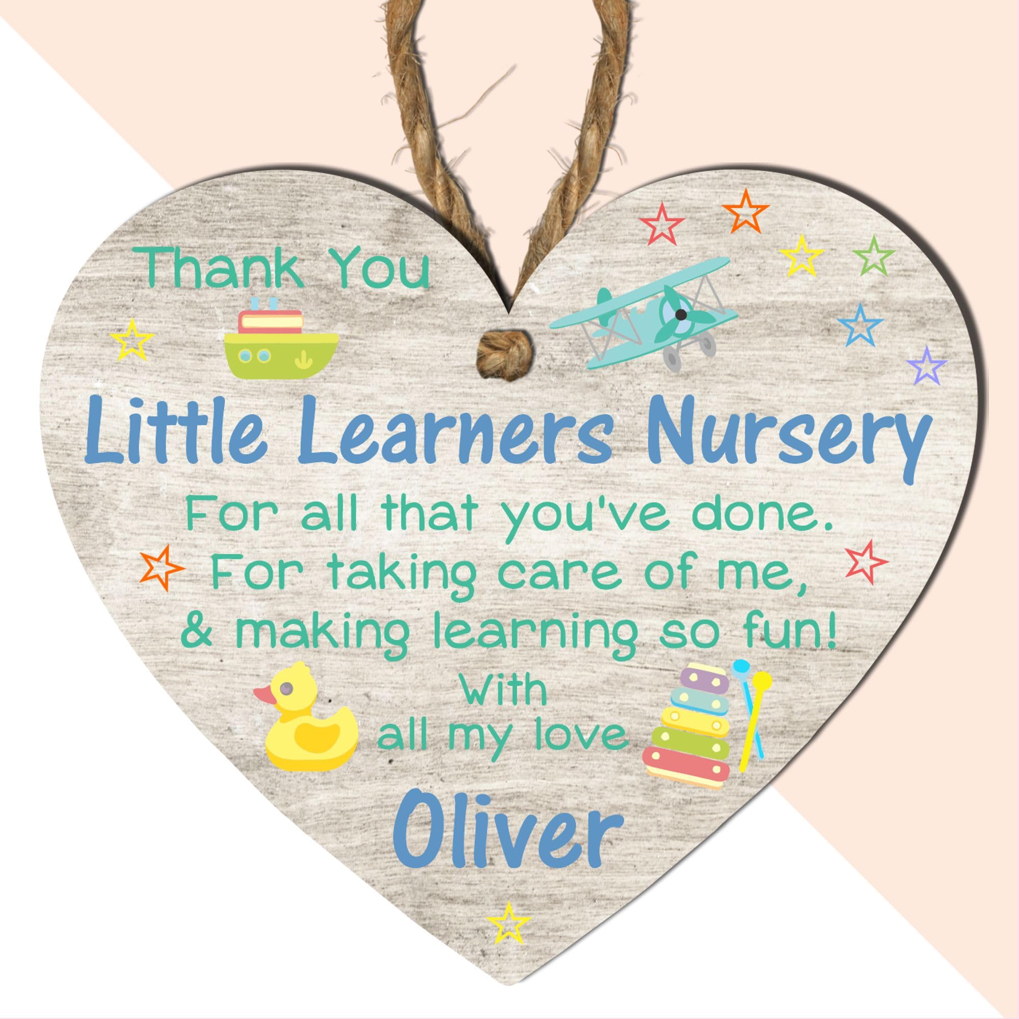 Personalised Thank You Nursery Heart Plaque – MDF Wood & Acrylic | Custom Message from Oliver | Nursery Teacher Gift | Approx. 10cm x 9cm (Mdf Wood Indoor Use Only)