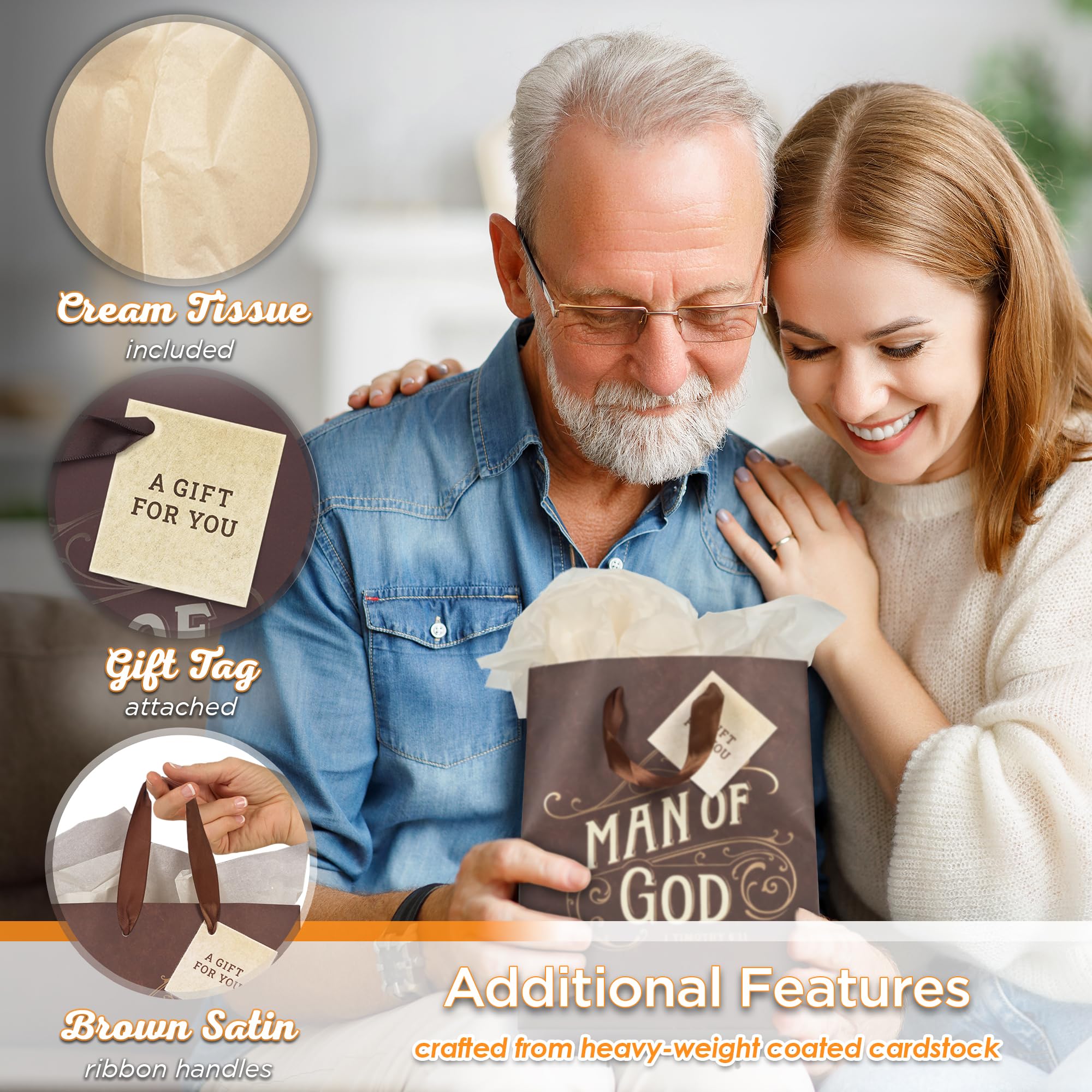 Christian Art Gifts Medium Portrait Gift Bag & Tissue Set for Men: Man of God Inspirational Scripture, Satin Handles, Brown & Gold