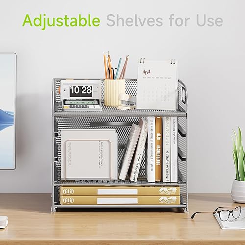 Miniatura 2 de Organizador de papel de 5 niveles con asa, organizador de escritorio de malla metálica, carpeta de archivos, bandeja de papel para cartas,